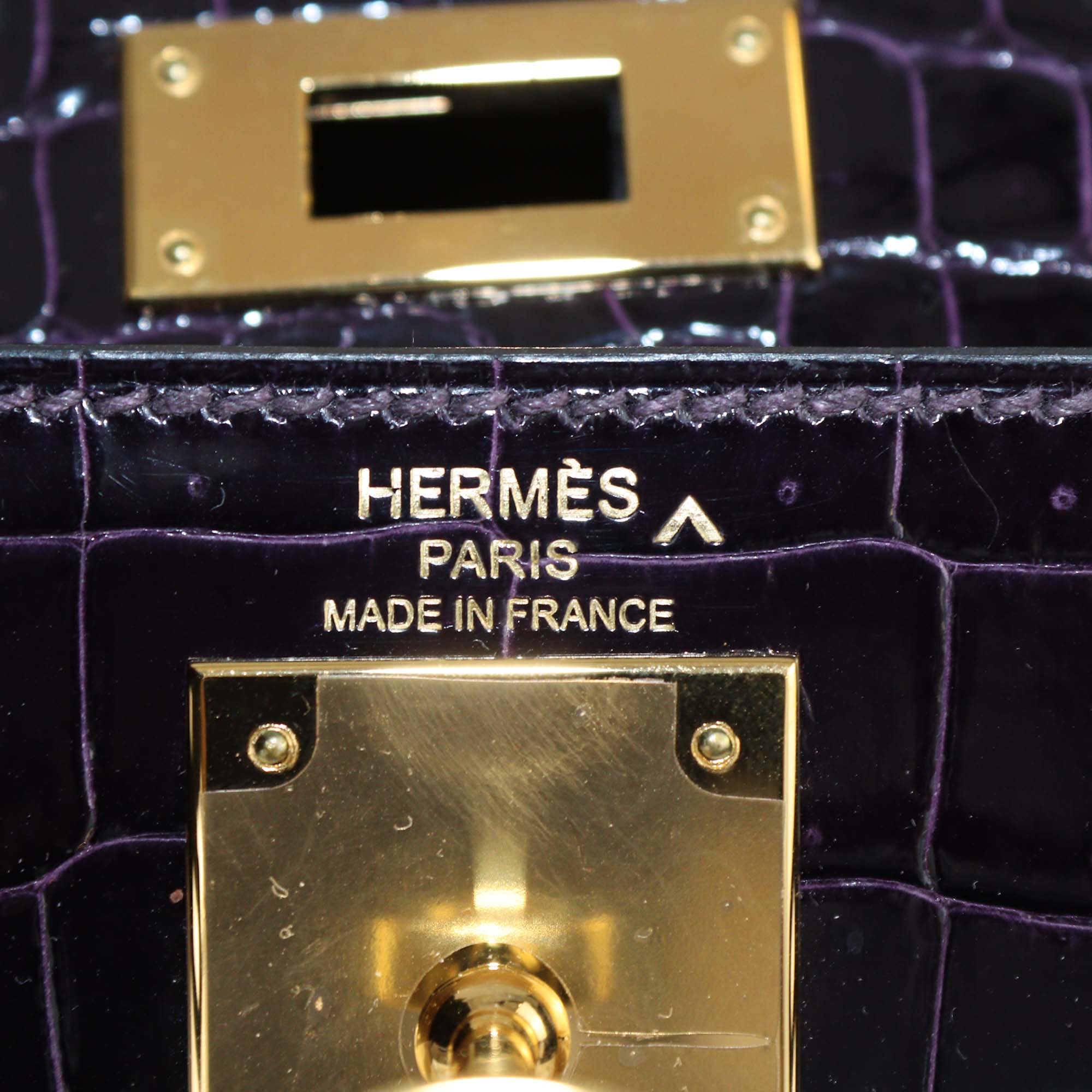 Hermes Amethyst Crocodile Porosus Gold Hardware Kelly Sellier 28 Bag