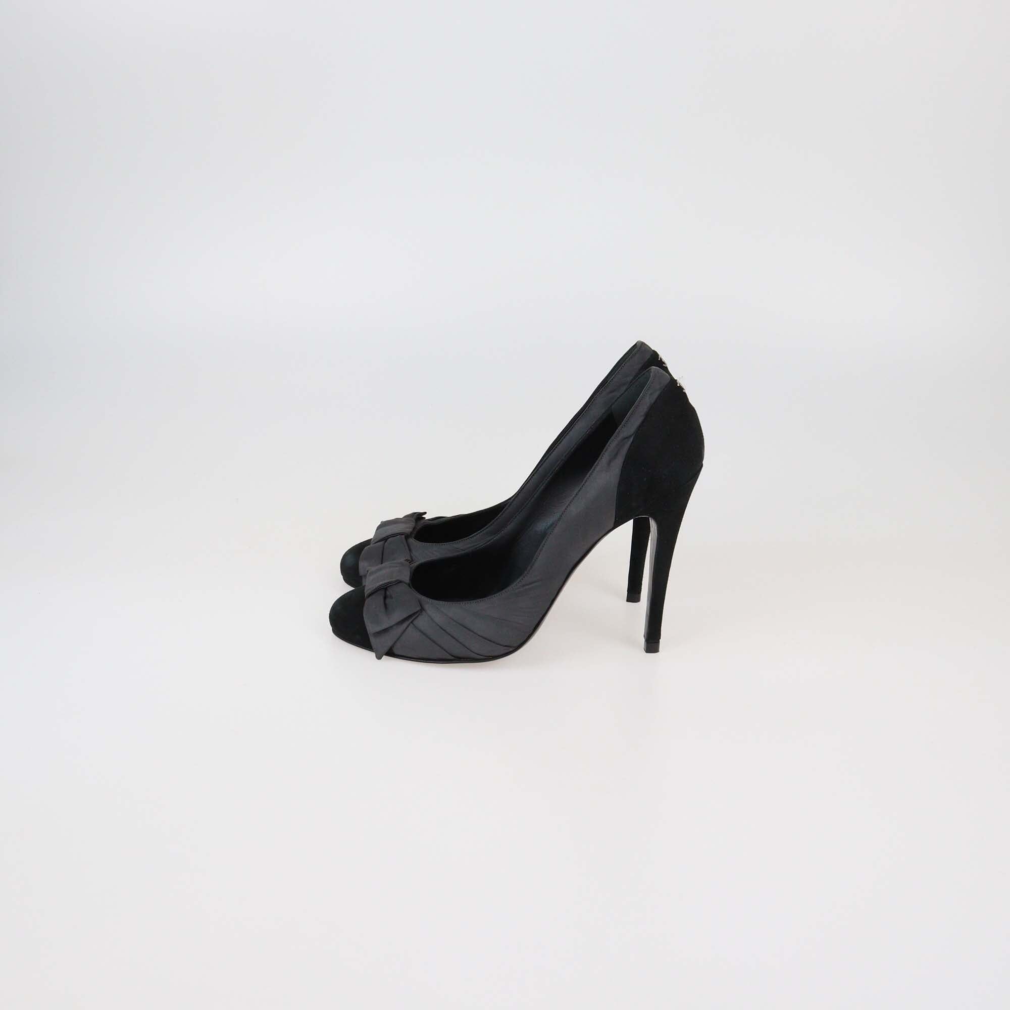 Chanel Black/Grey Satin & Suede Bow Pumps Womens Chanel 