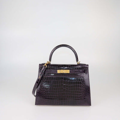 Hermes Amethyst Crocodile Porosus Gold Hardware Kelly Sellier 28 Bag
