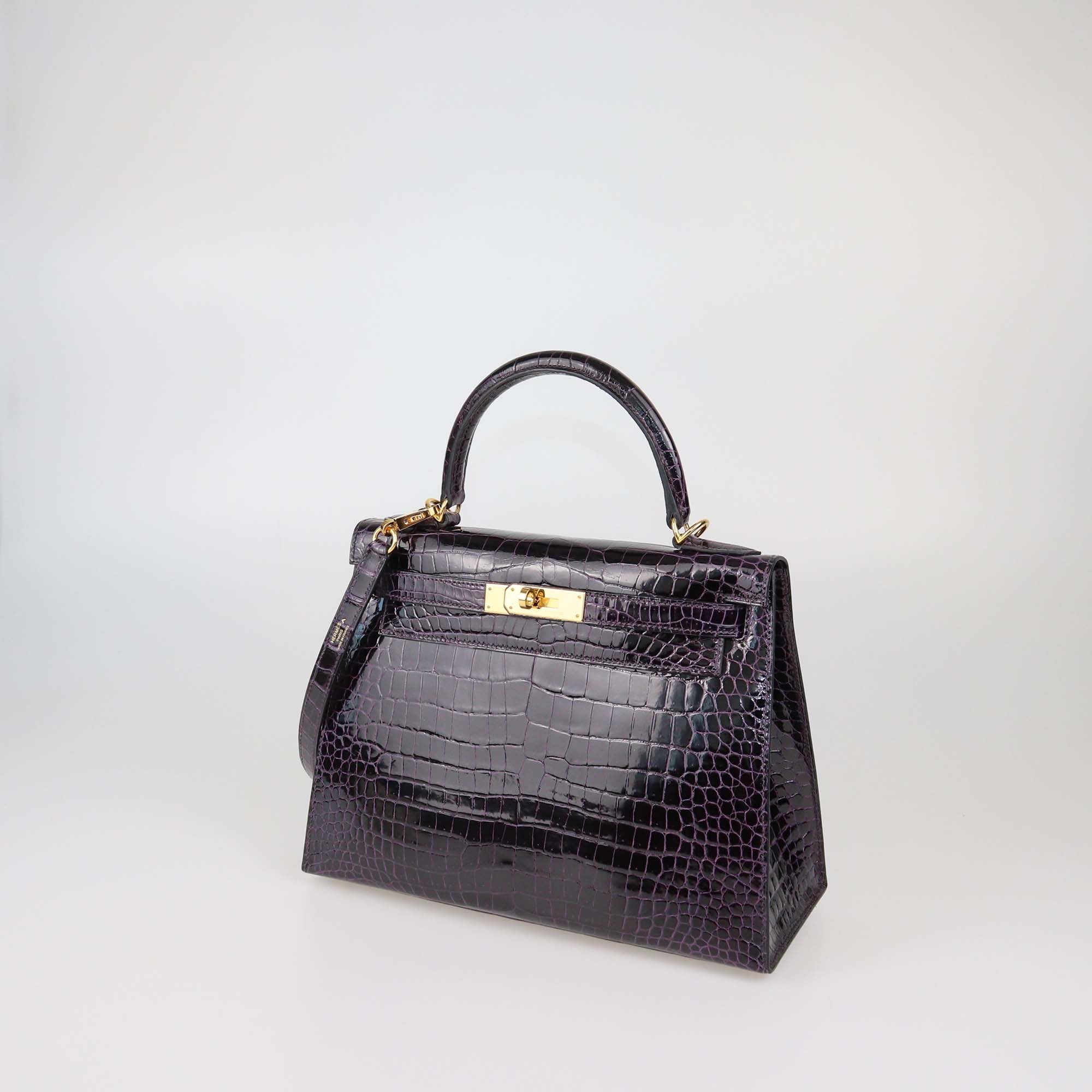 Hermes Amethyst Crocodile Porosus Gold Hardware Kelly Sellier 28 Bag