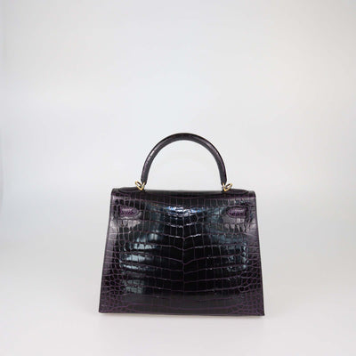 Hermes Amethyst Crocodile Porosus Gold Hardware Kelly Sellier 28 Bag