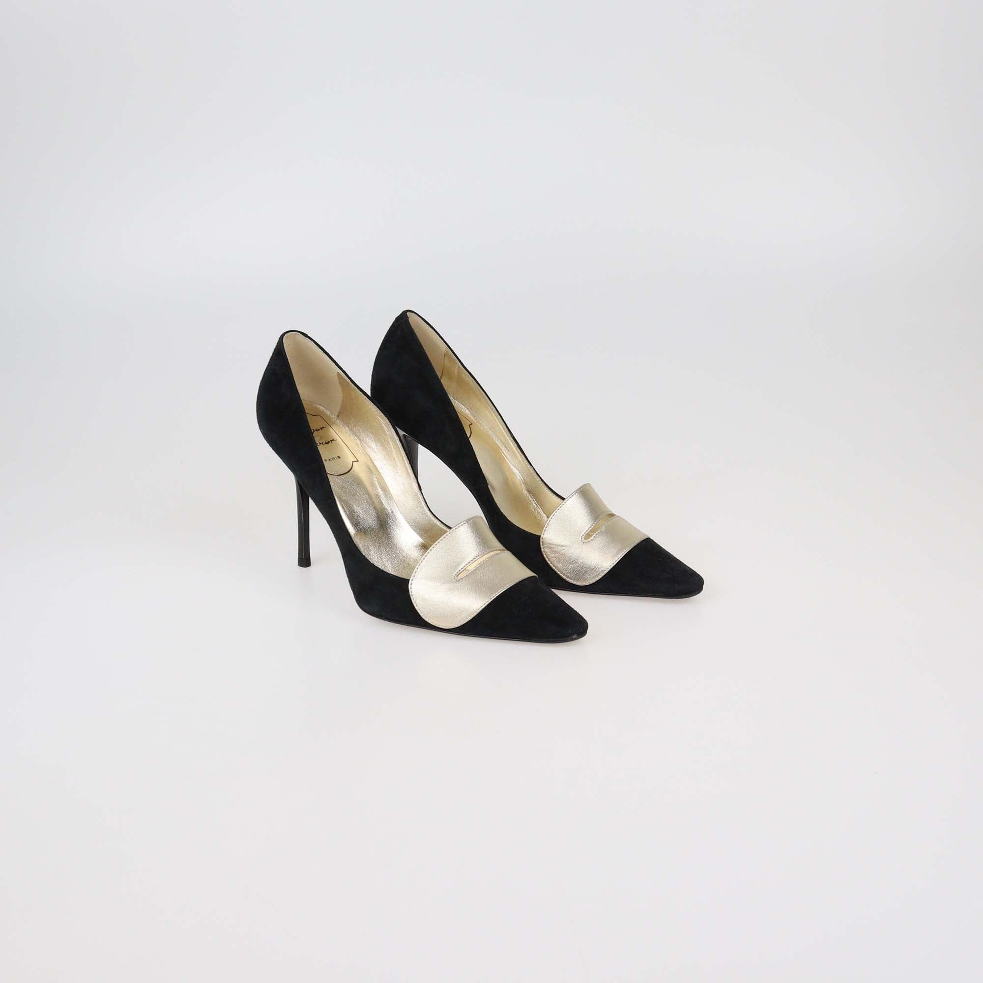 Roger Vivier Black/Gold Suede Pointed Toe Pumps Womens Roger Vivier 