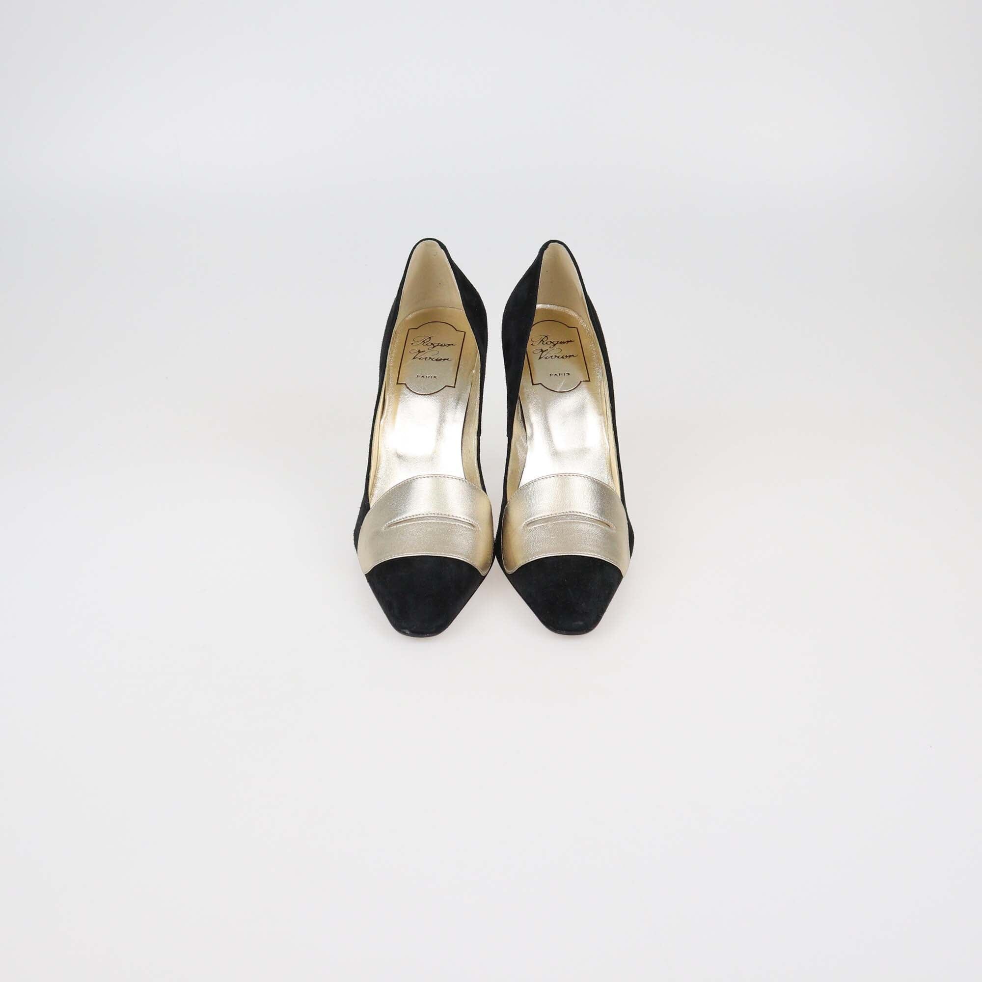 Roger Vivier Black/Gold Suede Pointed Toe Pumps Womens Roger Vivier 