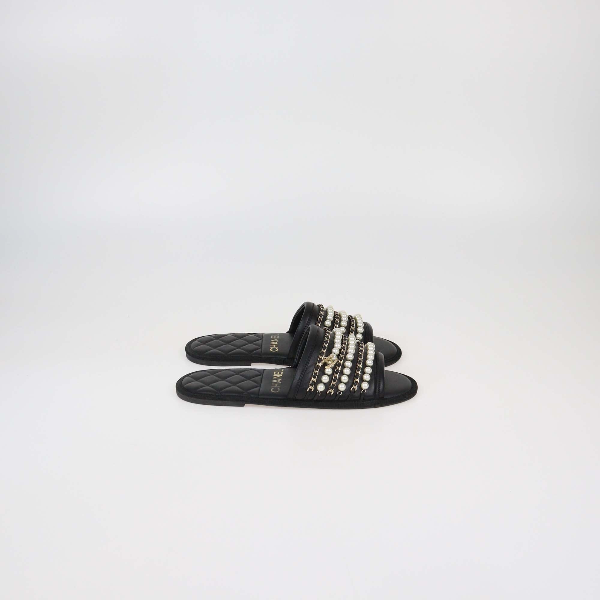 Chanel Black Leather Pearl & Chain Flats Womens Chanel 