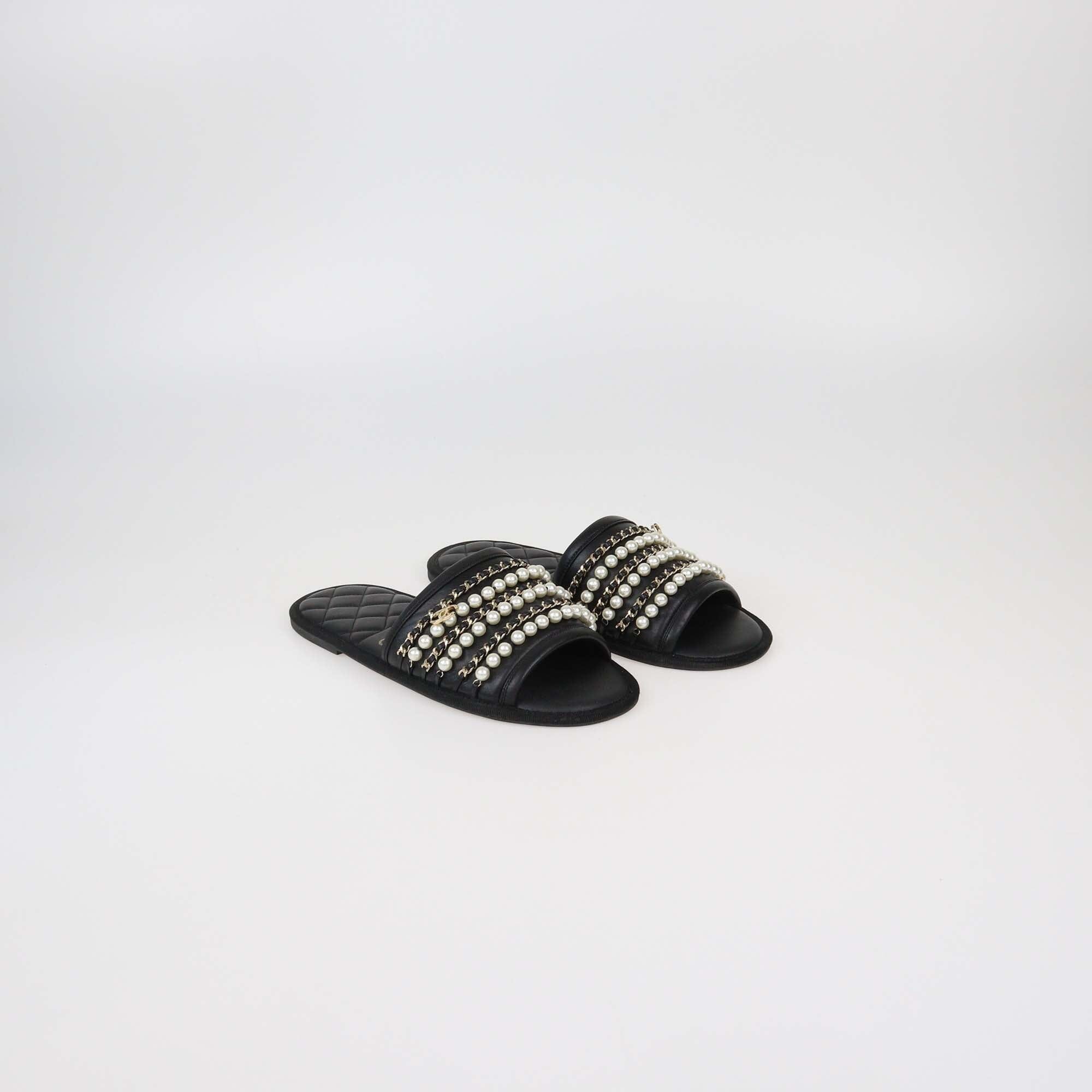 Chanel Black Leather Pearl & Chain Flats Womens Chanel 