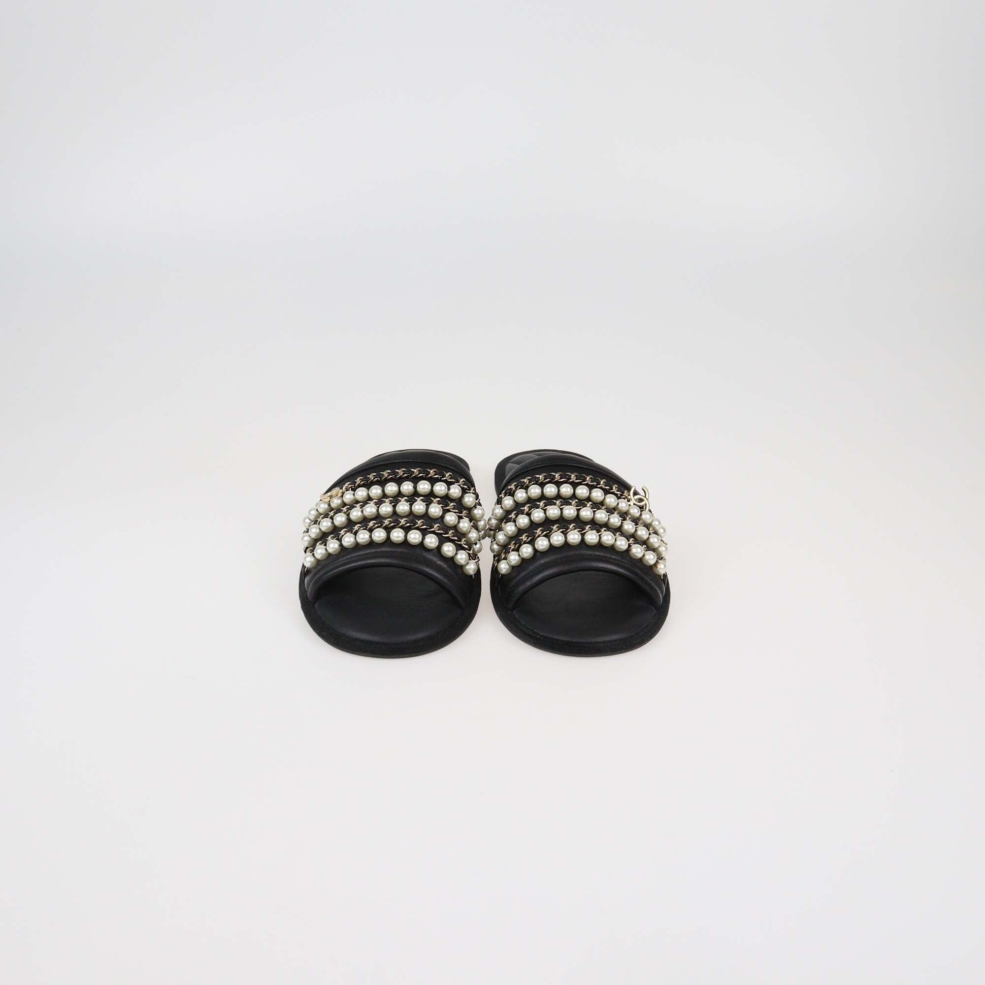 Chanel Black Leather Pearl & Chain Flats Womens Chanel 