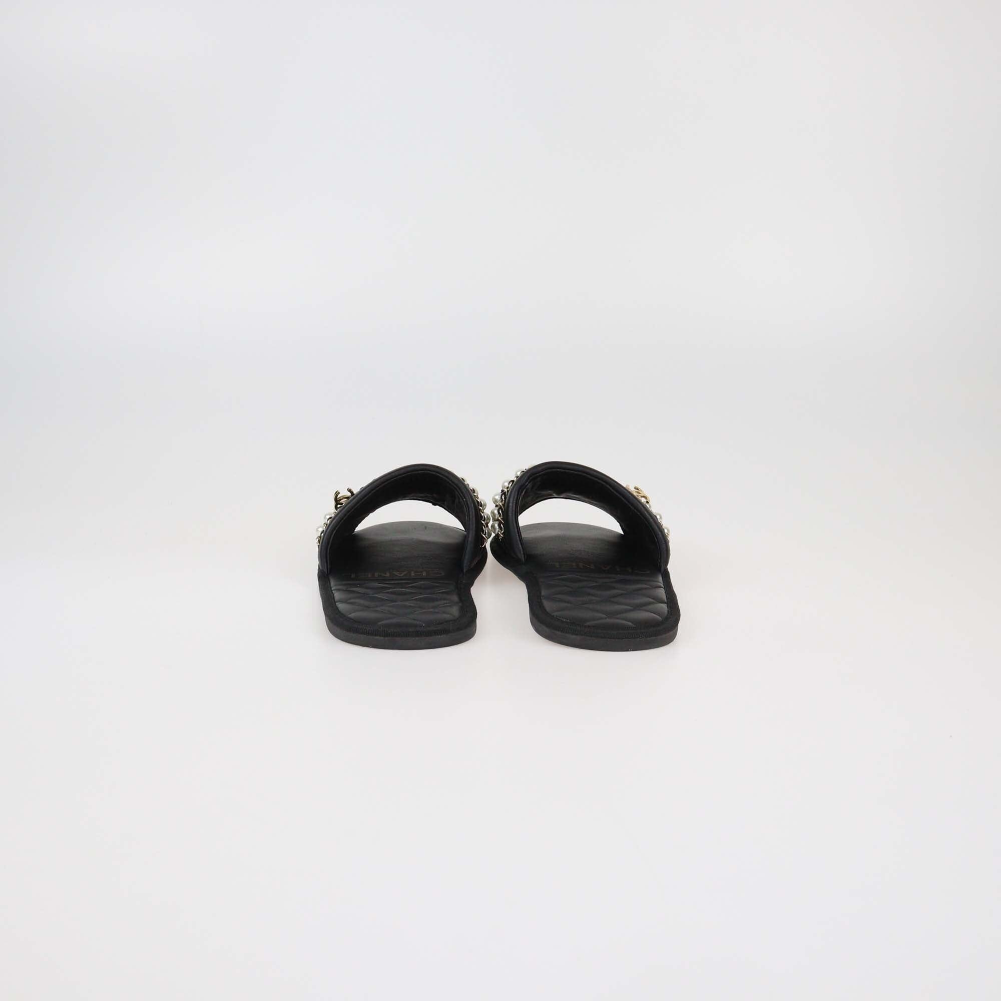 Chanel Black Leather Pearl & Chain Flats Womens Chanel 