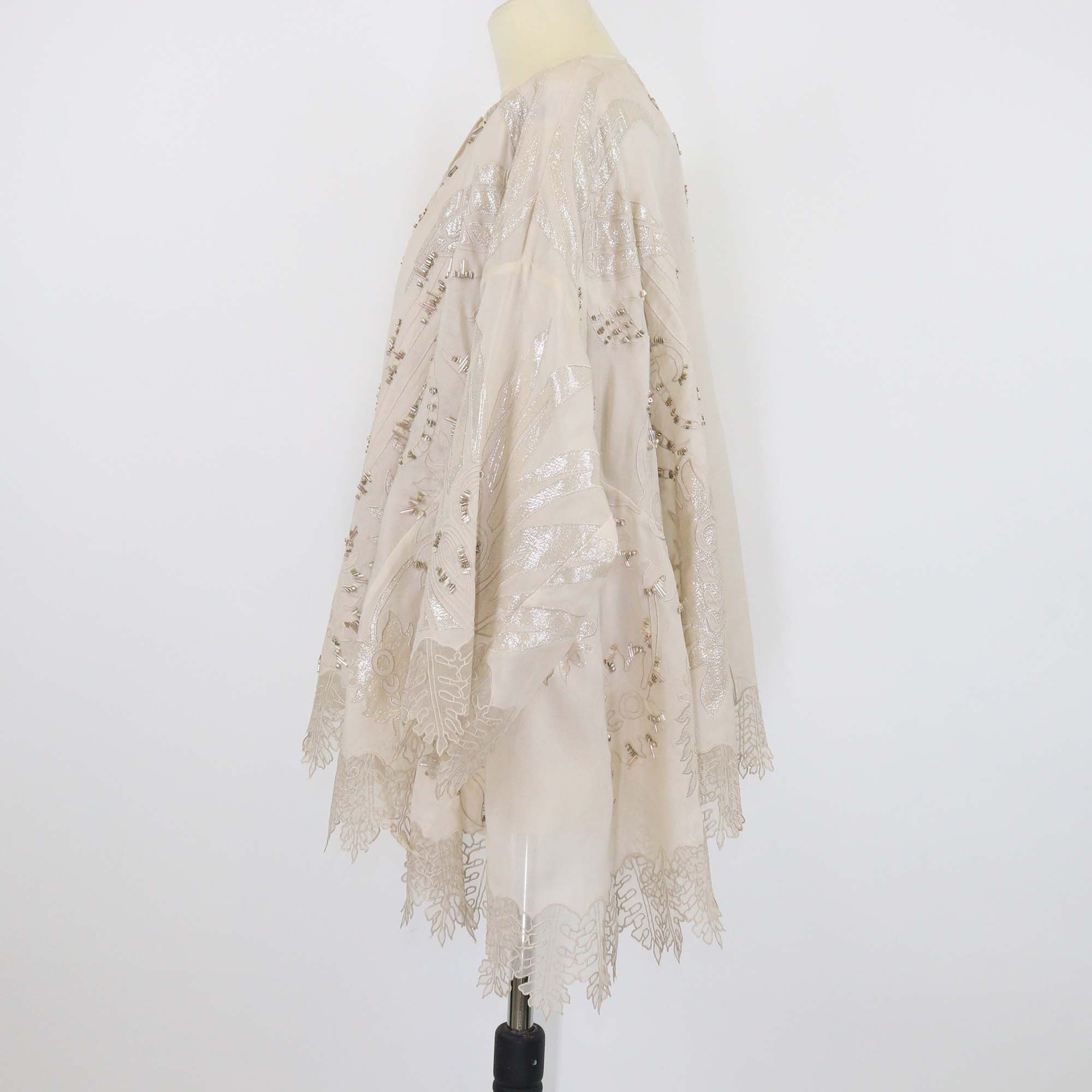 Biyan Beige Linen Beaded Detail Three Quarter Sleeve Oversized Shirt