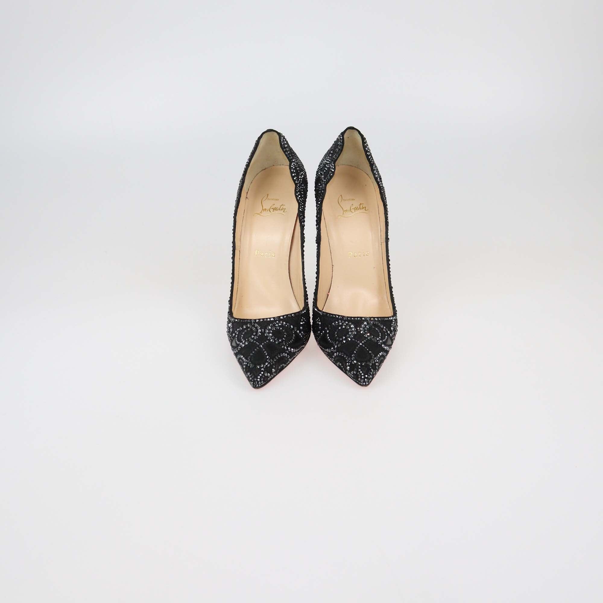 Christian Louboutin Black Leather Crystal Embellished Top Vague Pumps Womens Christian Louboutin 