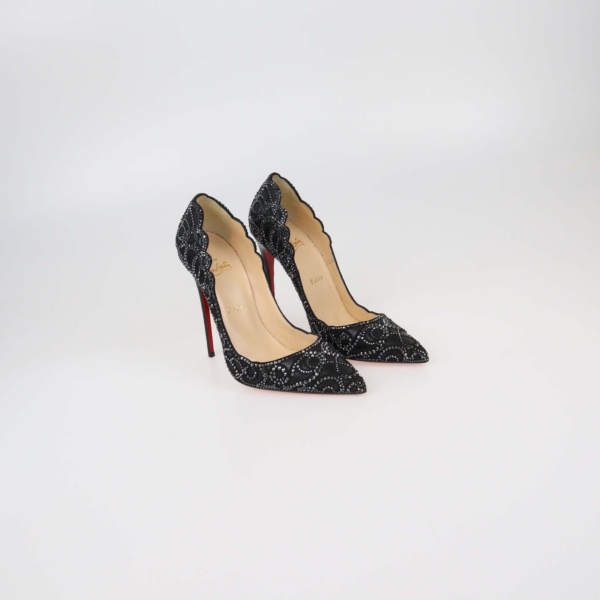 Christian Louboutin Black Leather Crystal Embellished Top Vague Pumps Womens Christian Louboutin 
