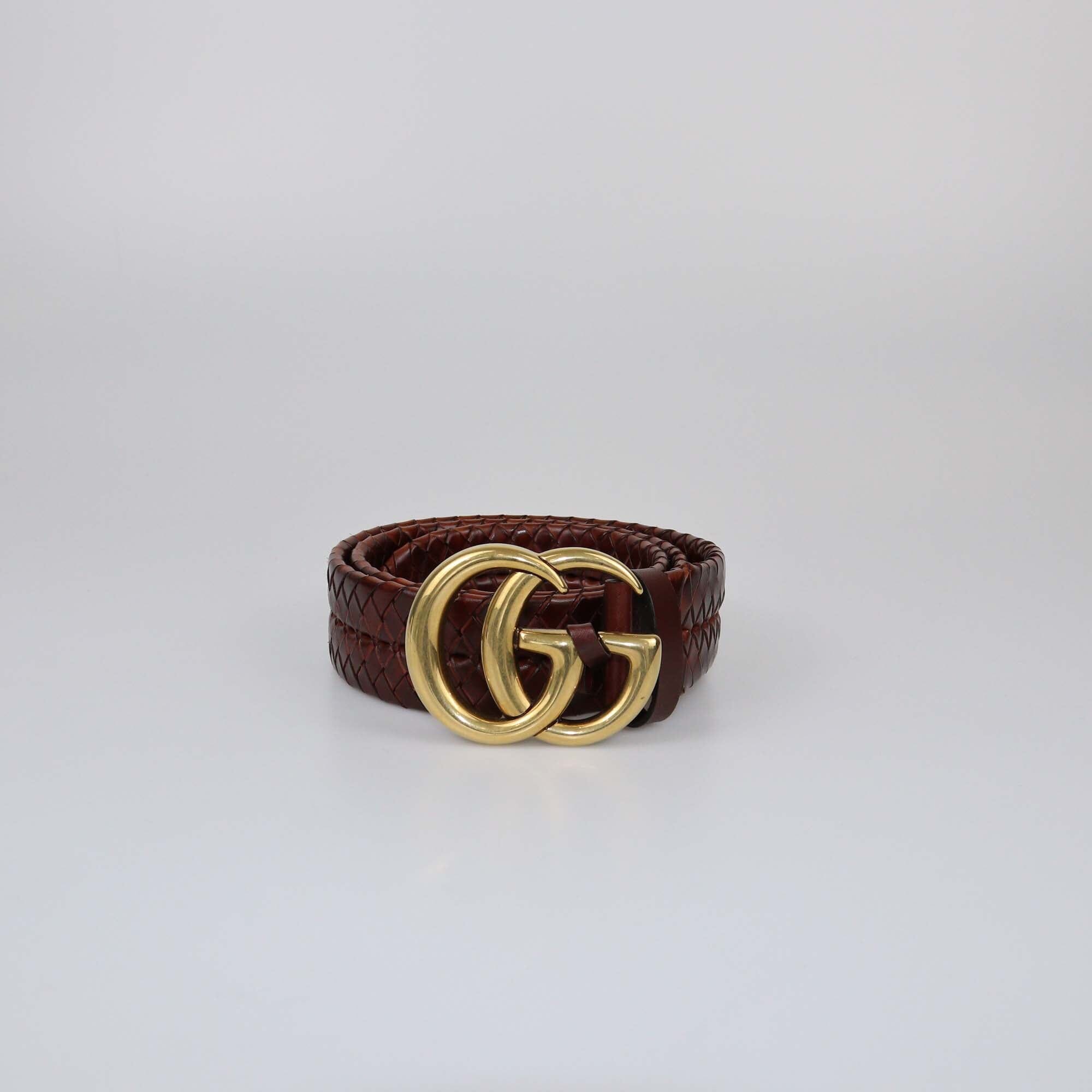 Gucci Brown Braided GG Marmont Buckle Belt Womens Gucci 