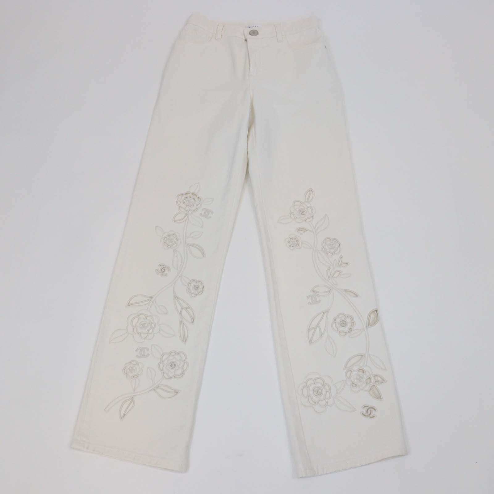 Chanel White Denim Floral Embroidered Cutout Straight Pants