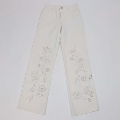 Chanel White Denim Floral Embroidered Cutout Straight Pants