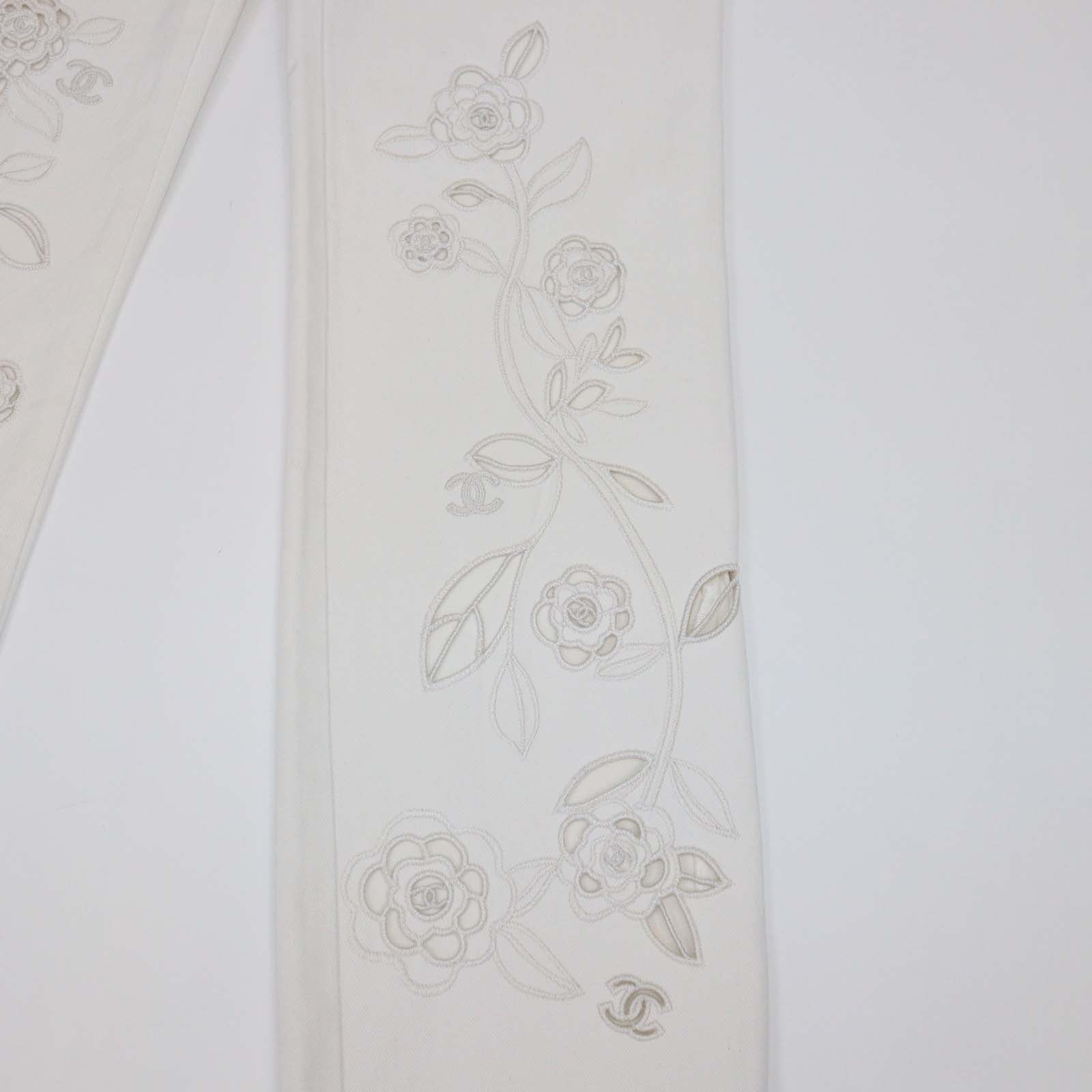 Chanel White Denim Floral Embroidered Cutout Straight Pants