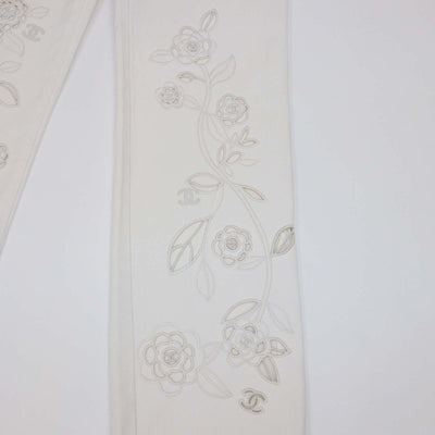 Chanel White Denim Floral Embroidered Cutout Straight Pants