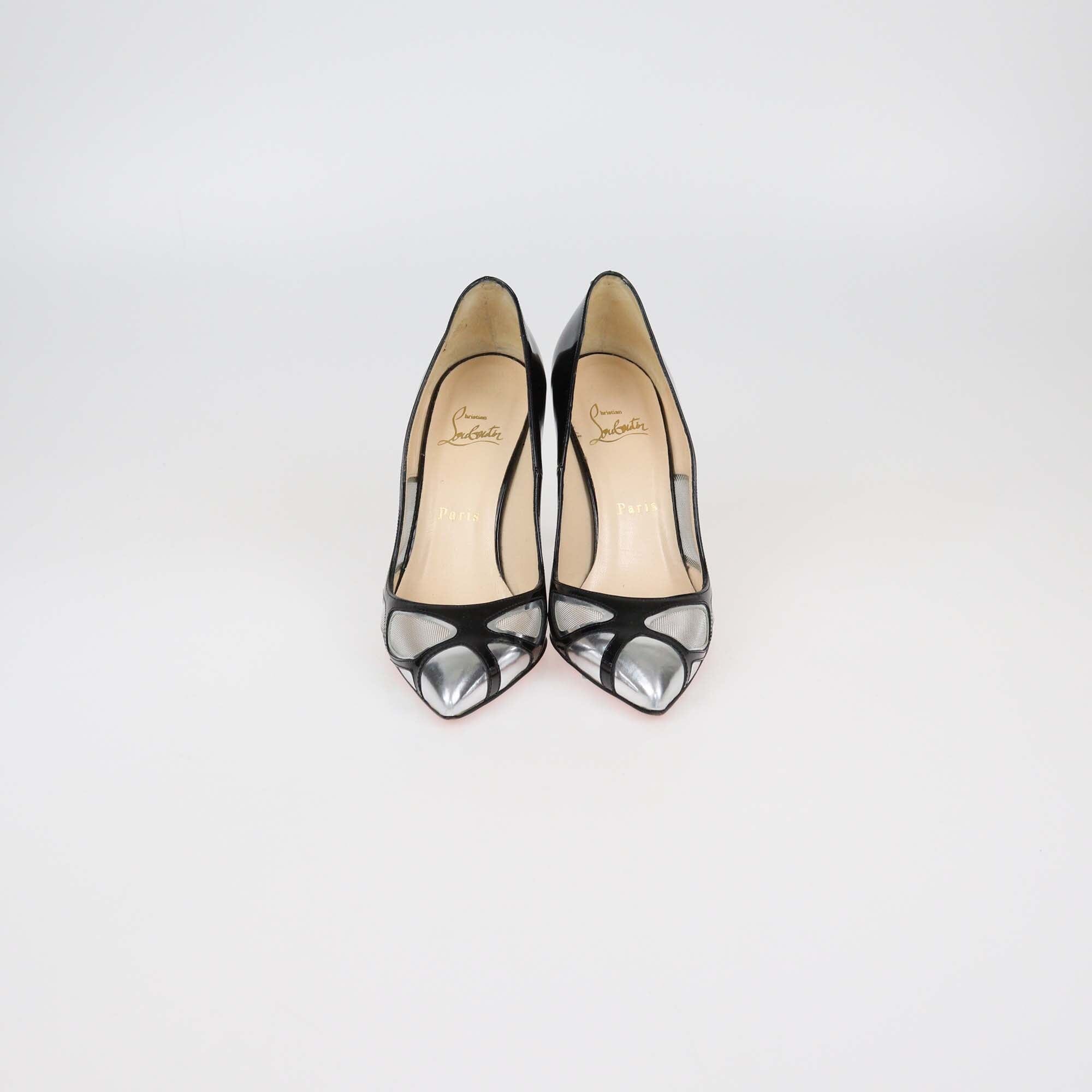Christian Louboutin Black/Silver Mesh & Patent Leather Tashaf Pumps Womens Christian Louboutin 