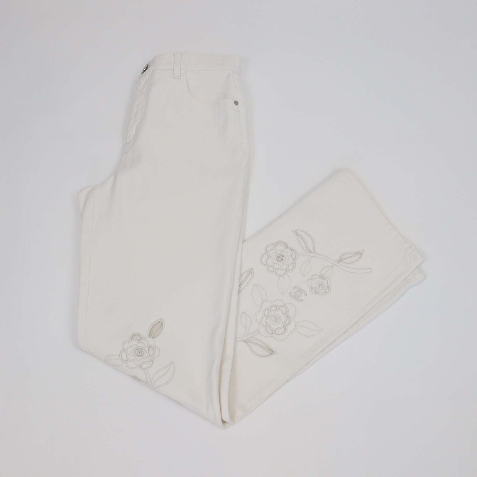 Chanel White Denim Floral Embroidered Cutout Straight Pants