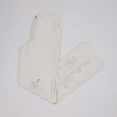 Chanel White Denim Floral Embroidered Cutout Straight Pants