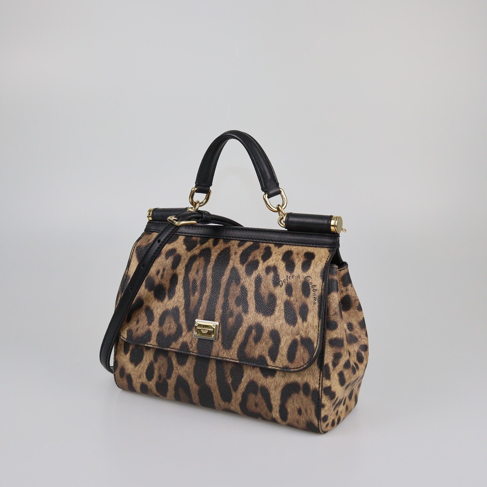 Dolce & Gabbana Black/Beige Leopard Print Small Miss Sicily Top Handle Bag Womens Dolce & Gabbana 