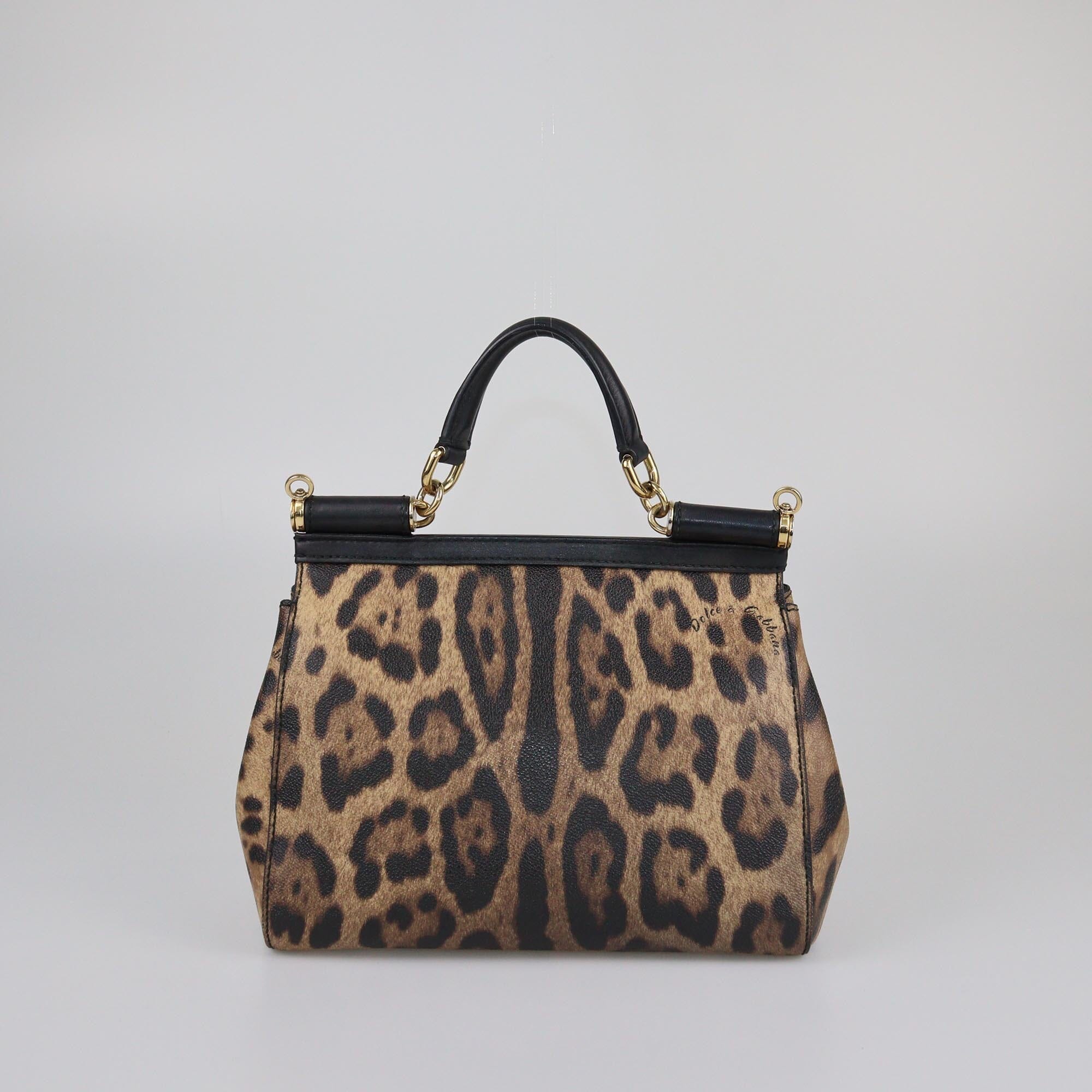 Dolce & Gabbana Black/Beige Leopard Print Small Miss Sicily Top Handle Bag Womens Dolce & Gabbana 