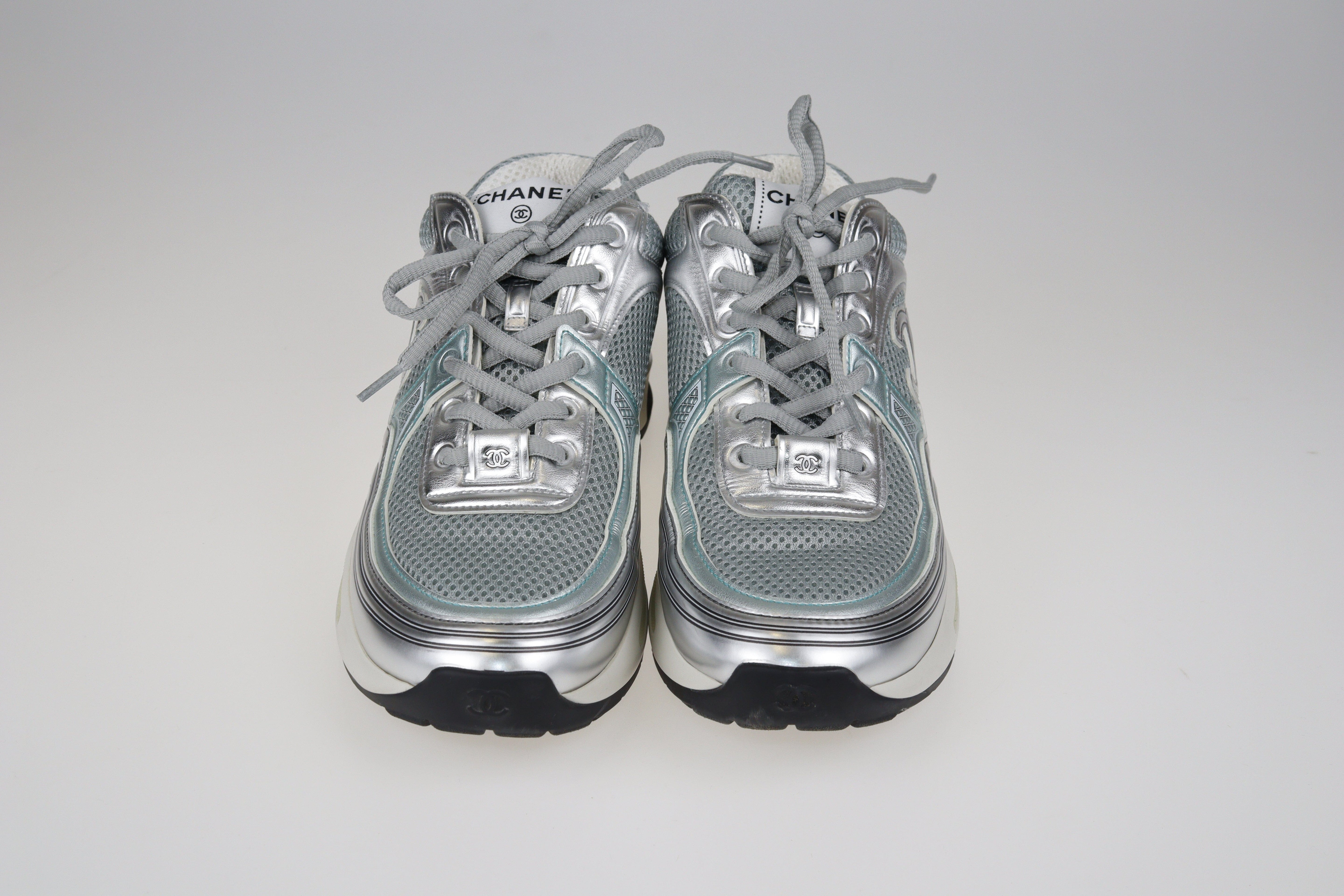 Silver/Turquoise CC Low Top Sneakers Shoes Chanel 