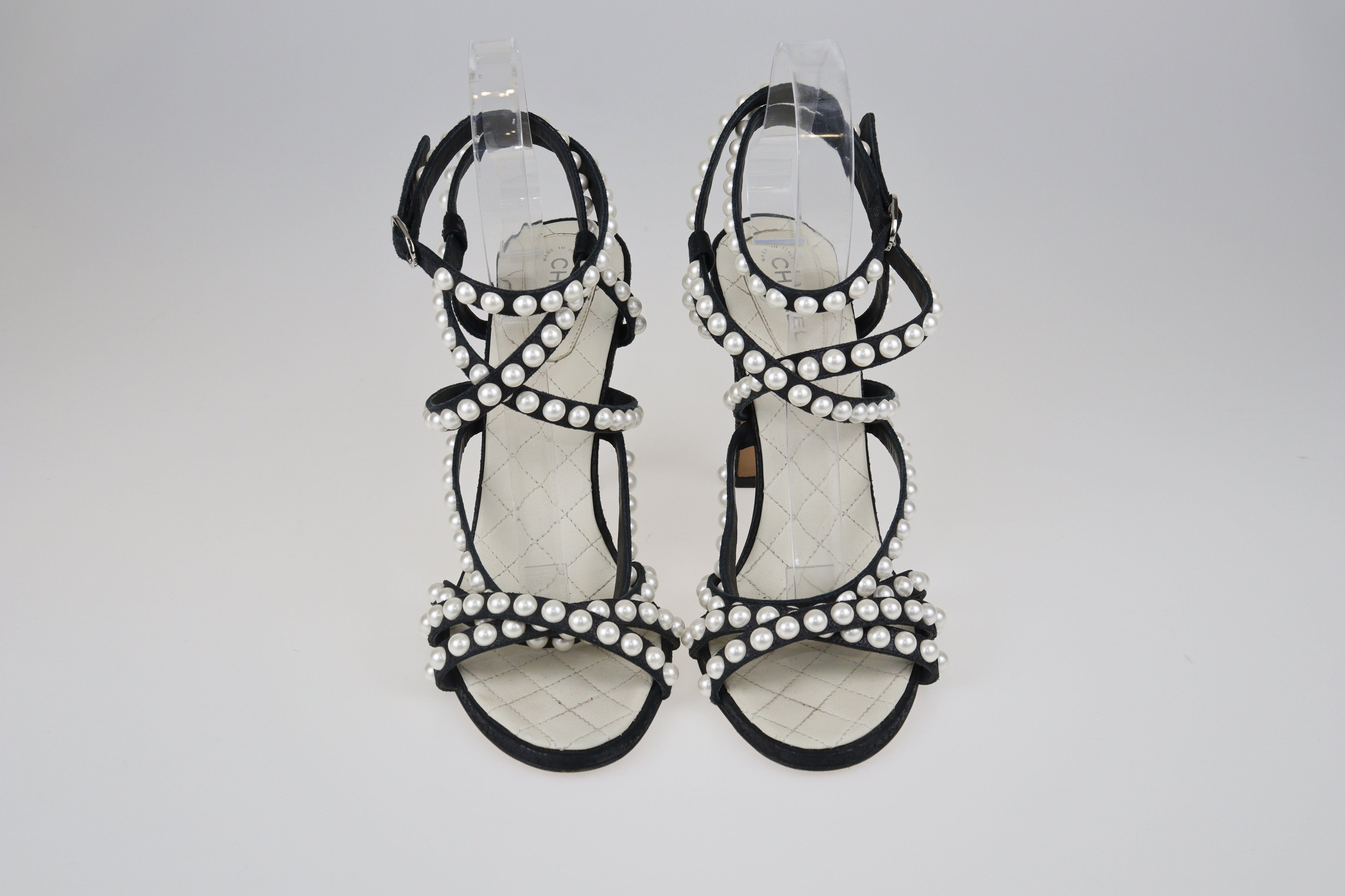 Black/White Faux Pearl Embellished Strappy Sandals Shoes Chanel 