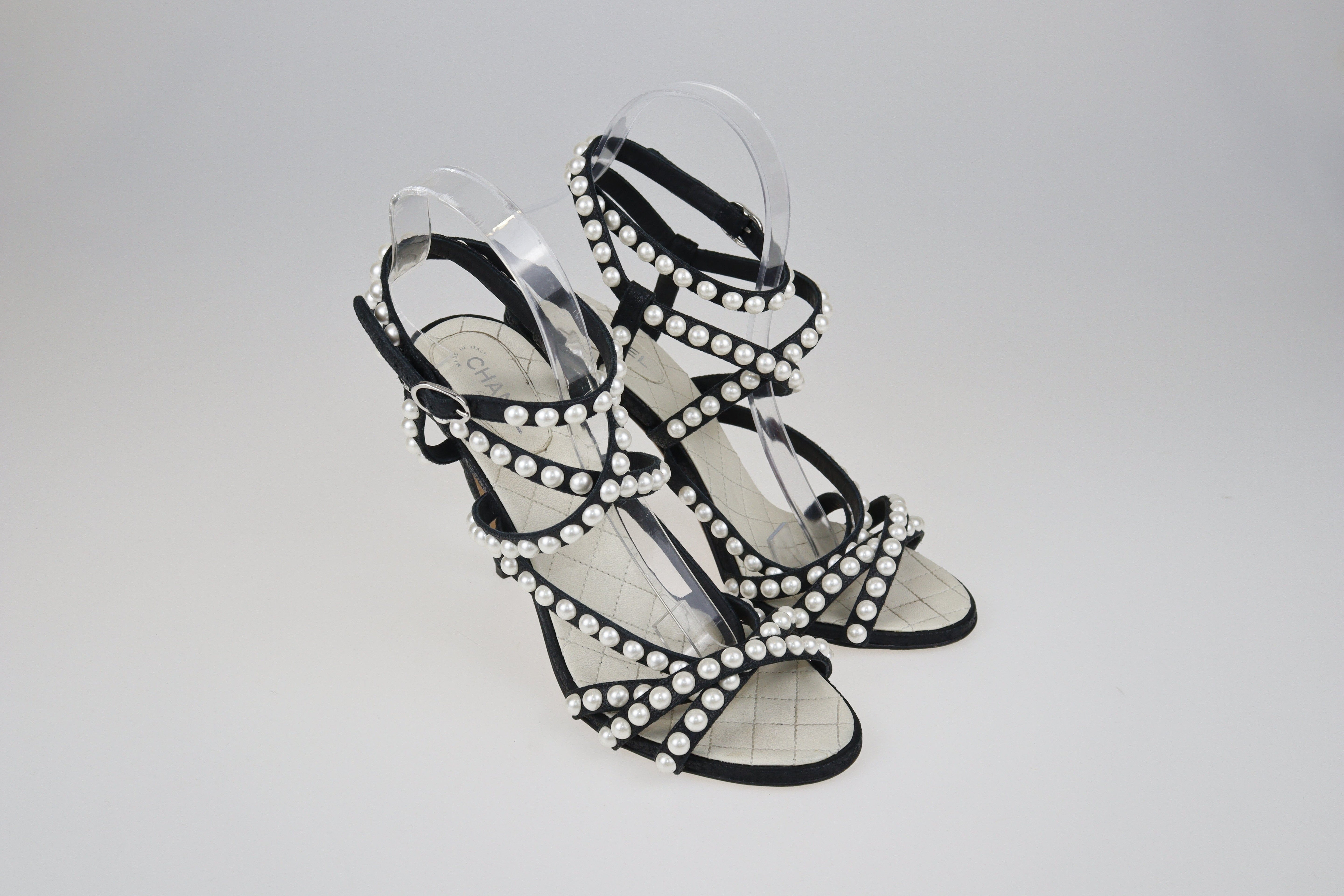Black/White Faux Pearl Embellished Strappy Sandals Shoes Chanel 