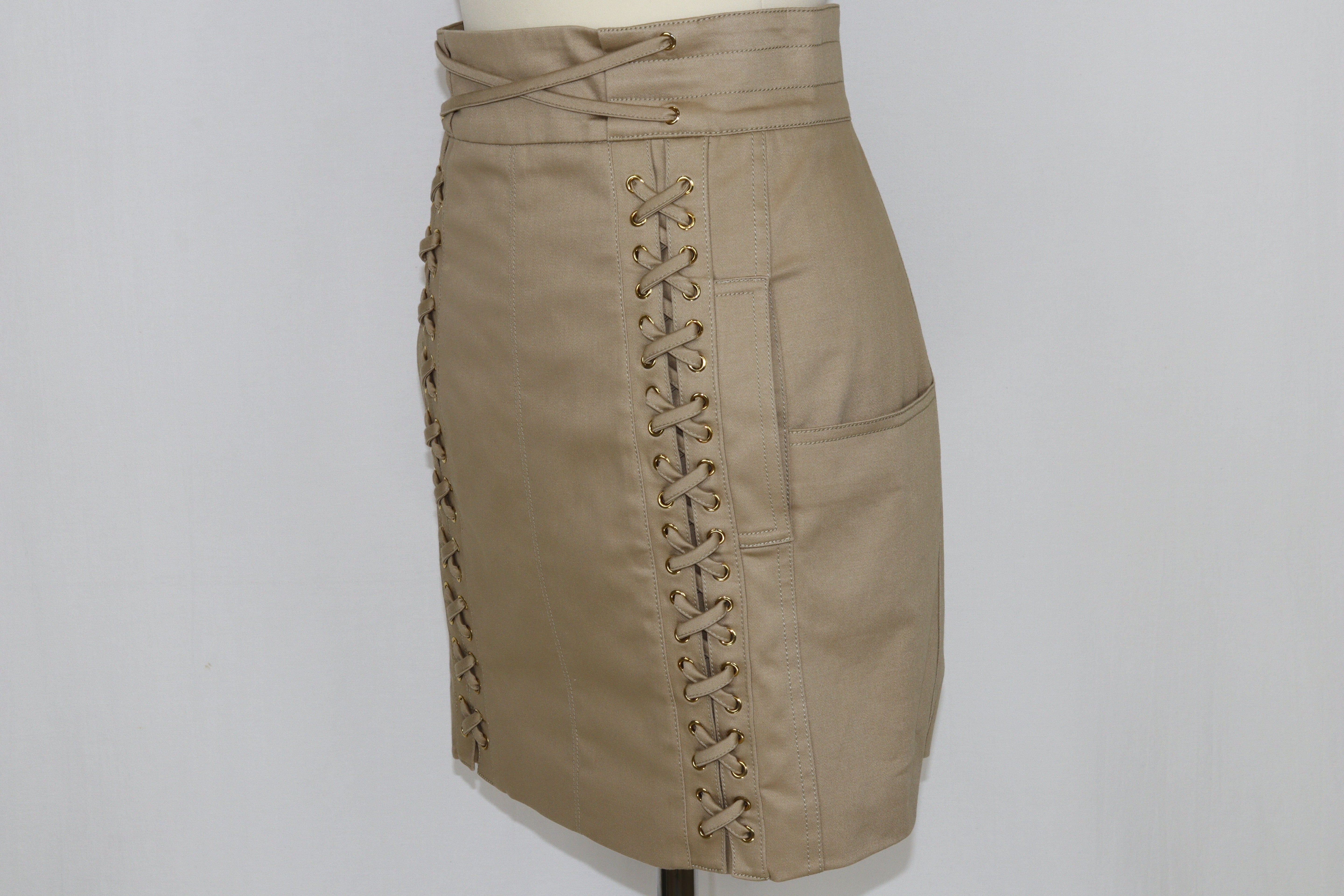 Beige Lace Up Mini Skirt Clothing Balmain 
