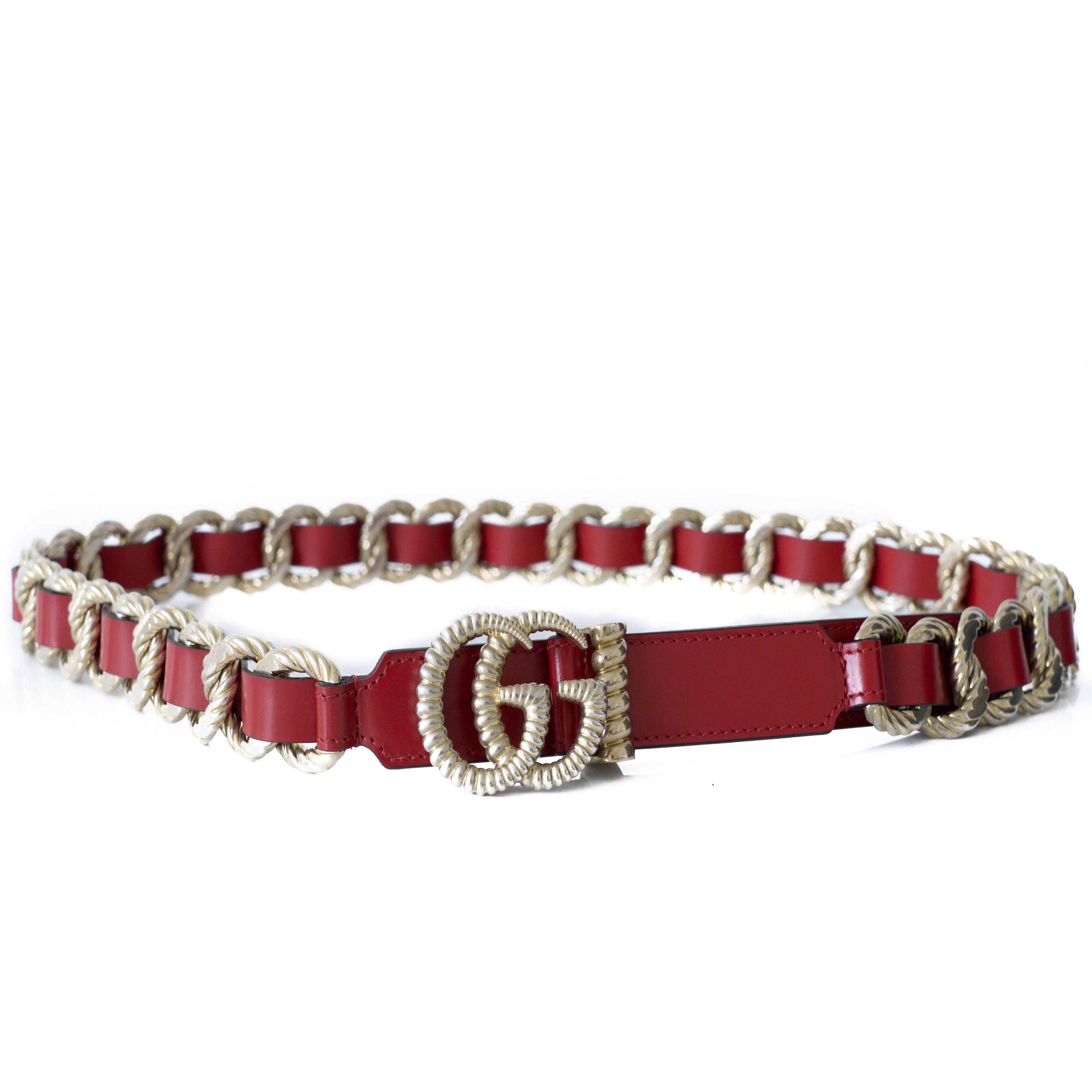 Gucci GG Red Leather and Gold Chain Link Belt Belt Gucci 