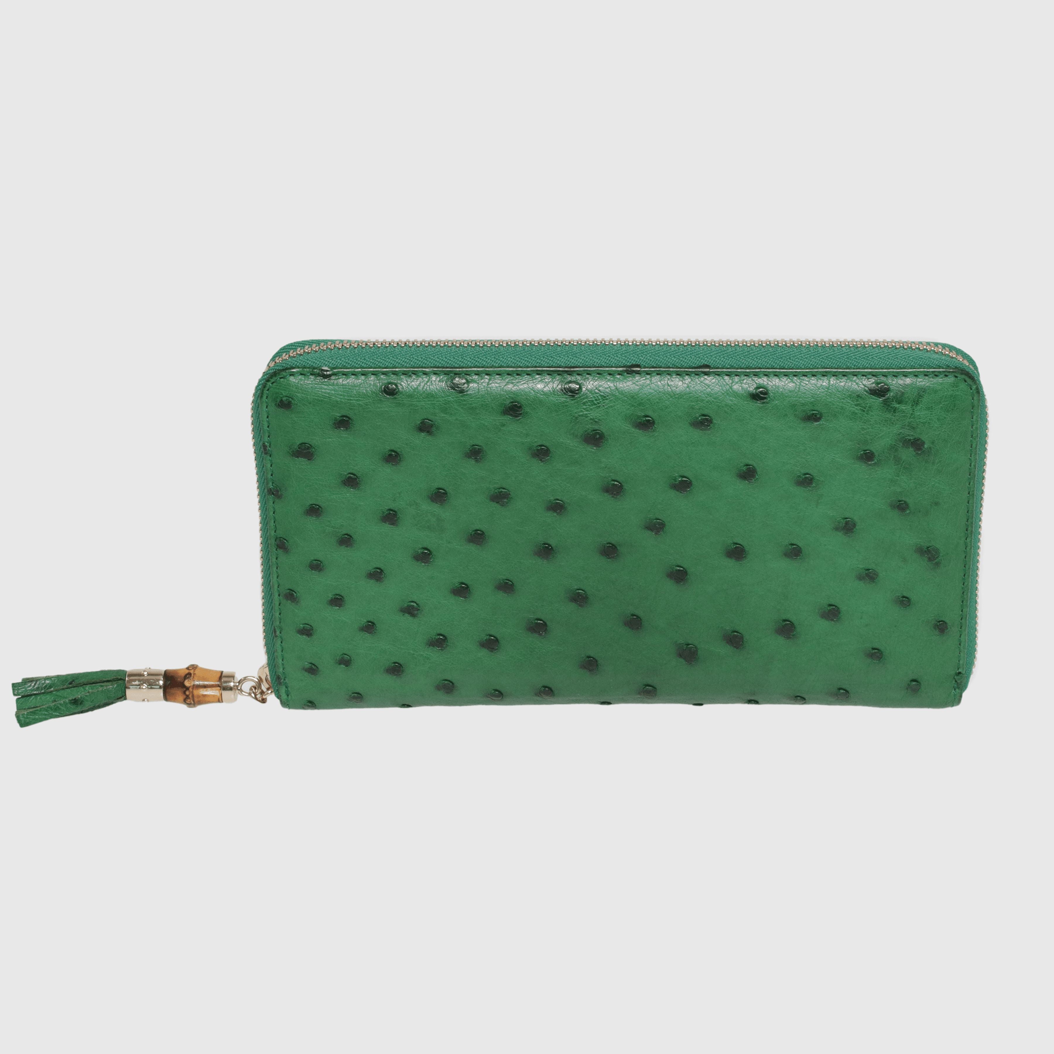 Green Ostrich Bamboo Zip Around Wallet Accessories Gucci 