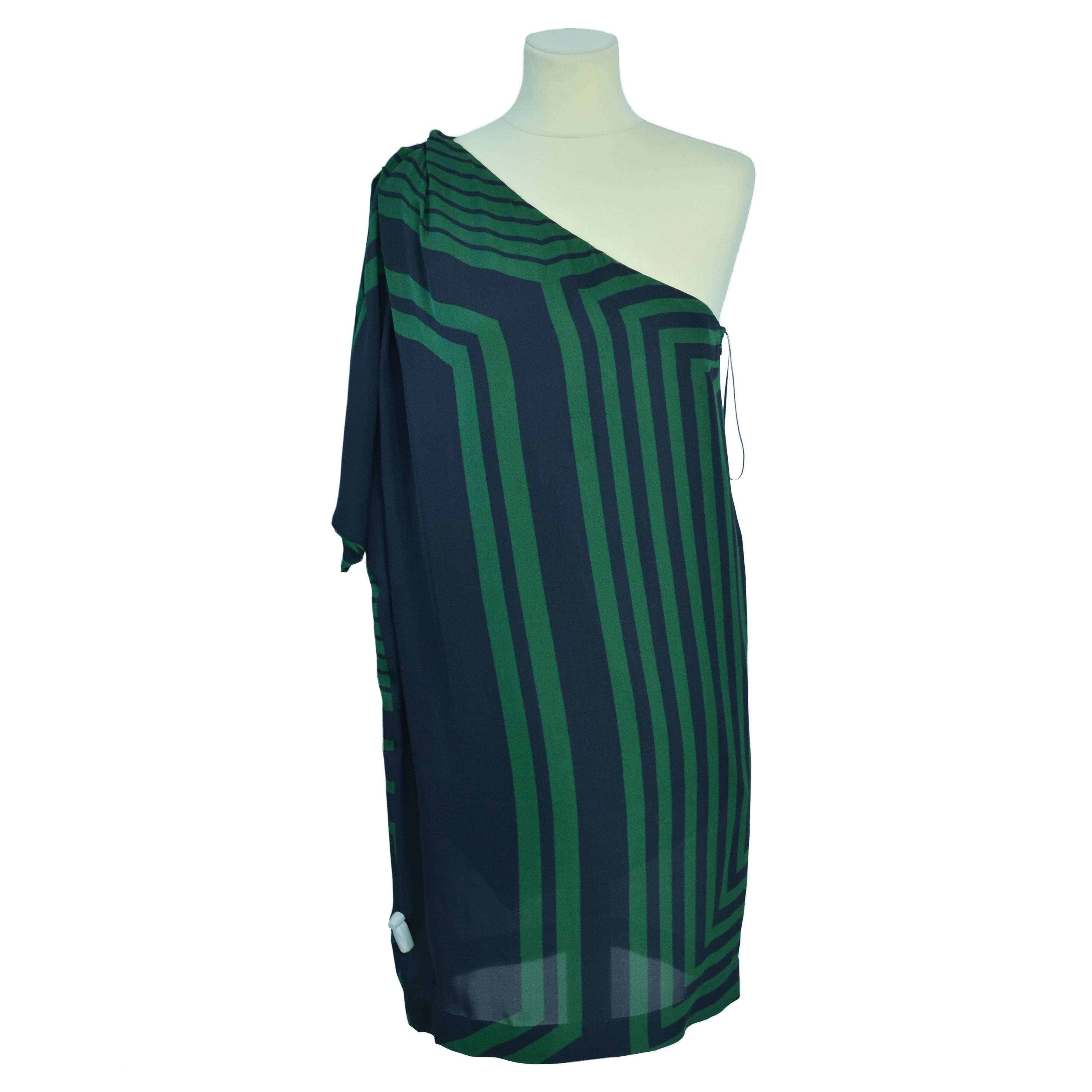 Green/Black Striped One Shoulder Short Casual Dress