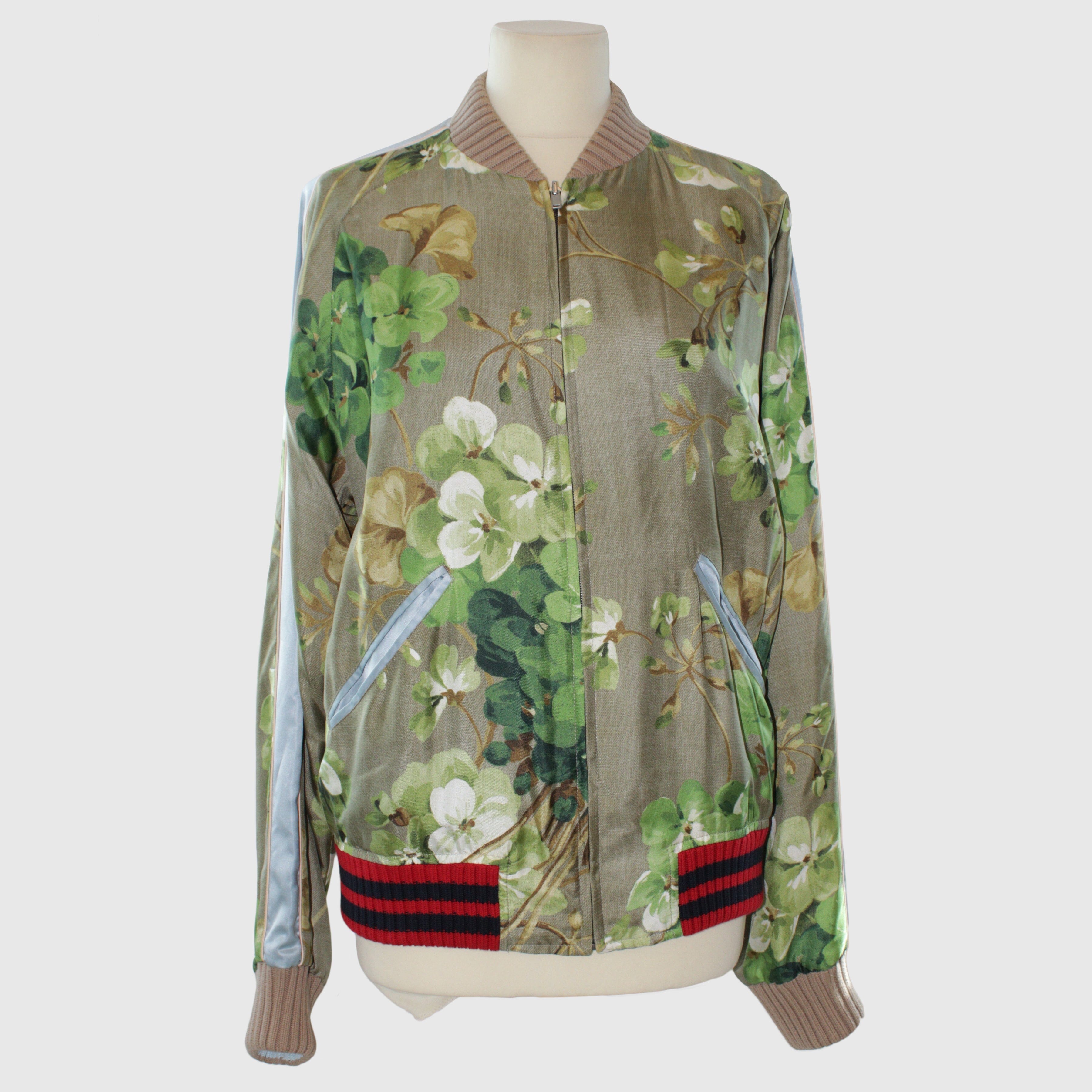 Multicolor Floral Print Web Stripe Zip up Jacket