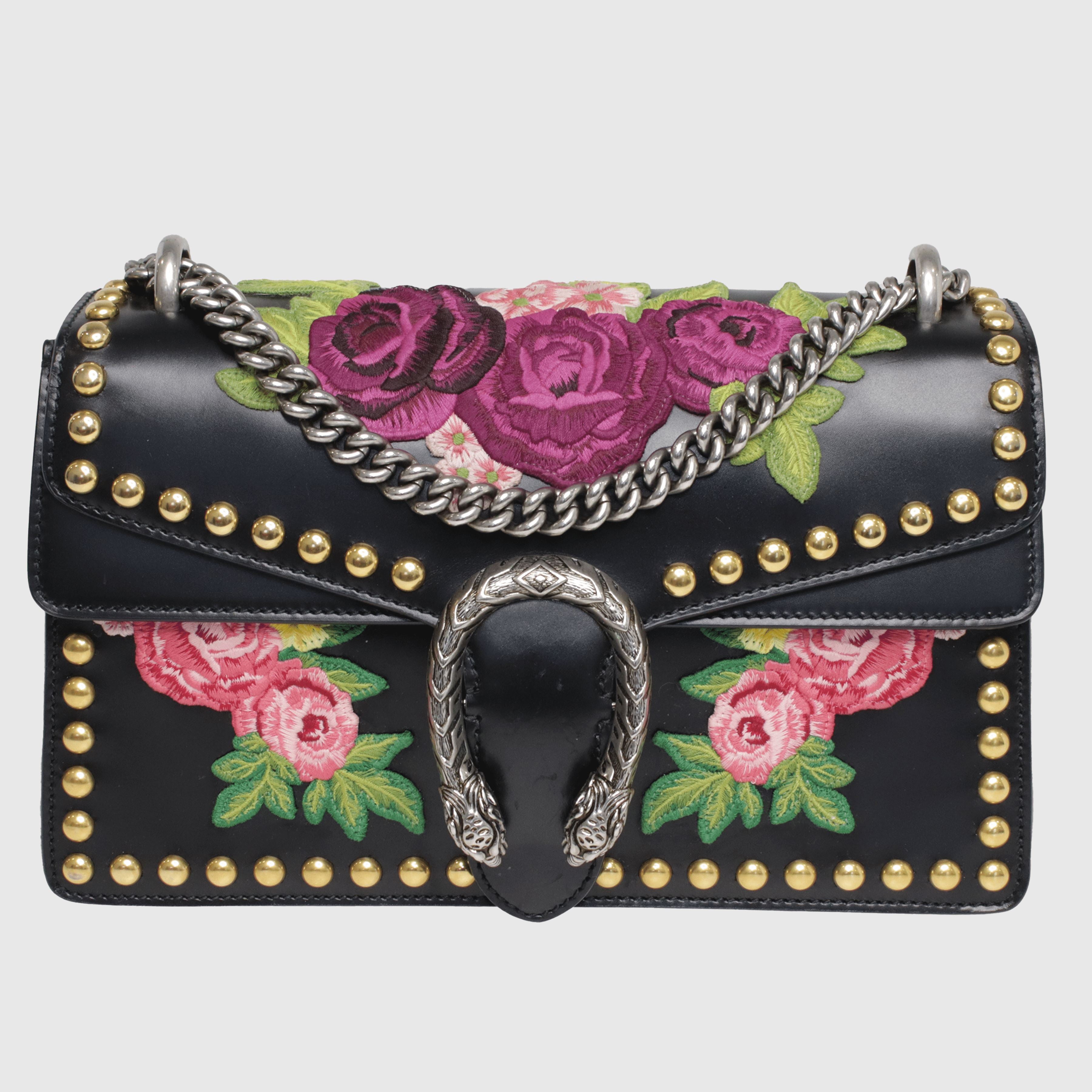 Black Floral Embroidered Studded Dionysus Small Shoulder Bag Bag Gucci 