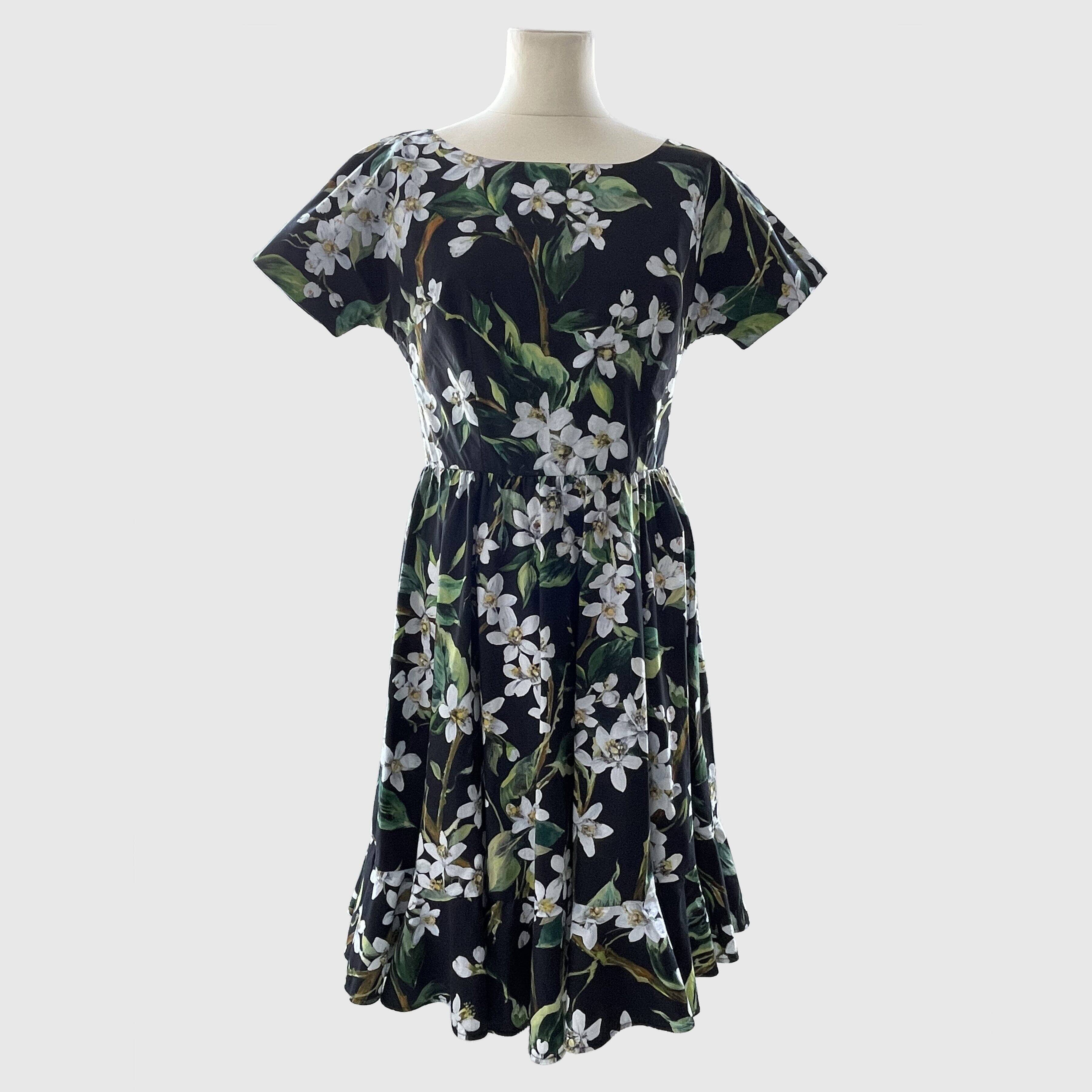 Tri Color Floral Print Pleates Short Sleeve Dress