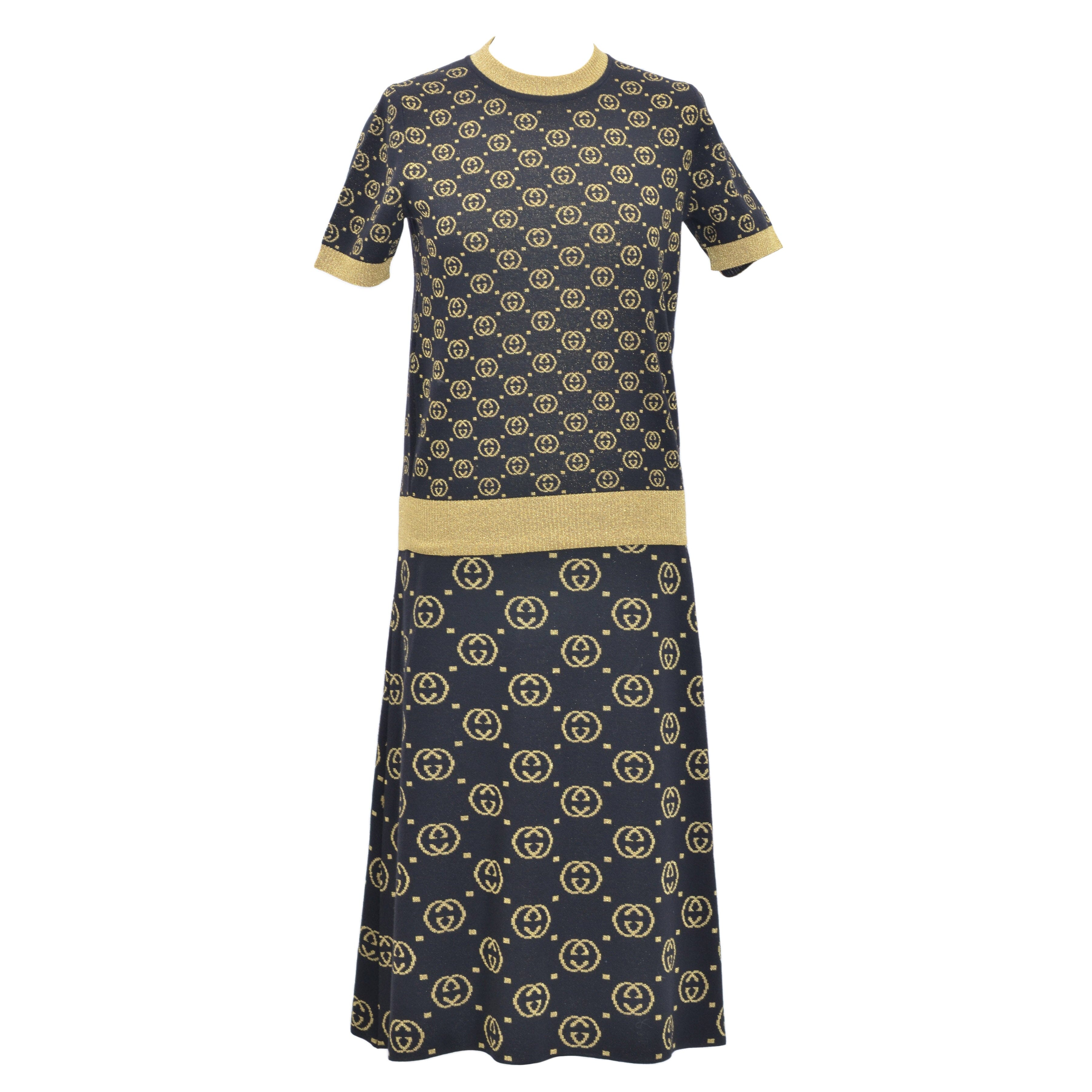 Black/Gold GG Printed High Waist Knitted Skirt and Top Set