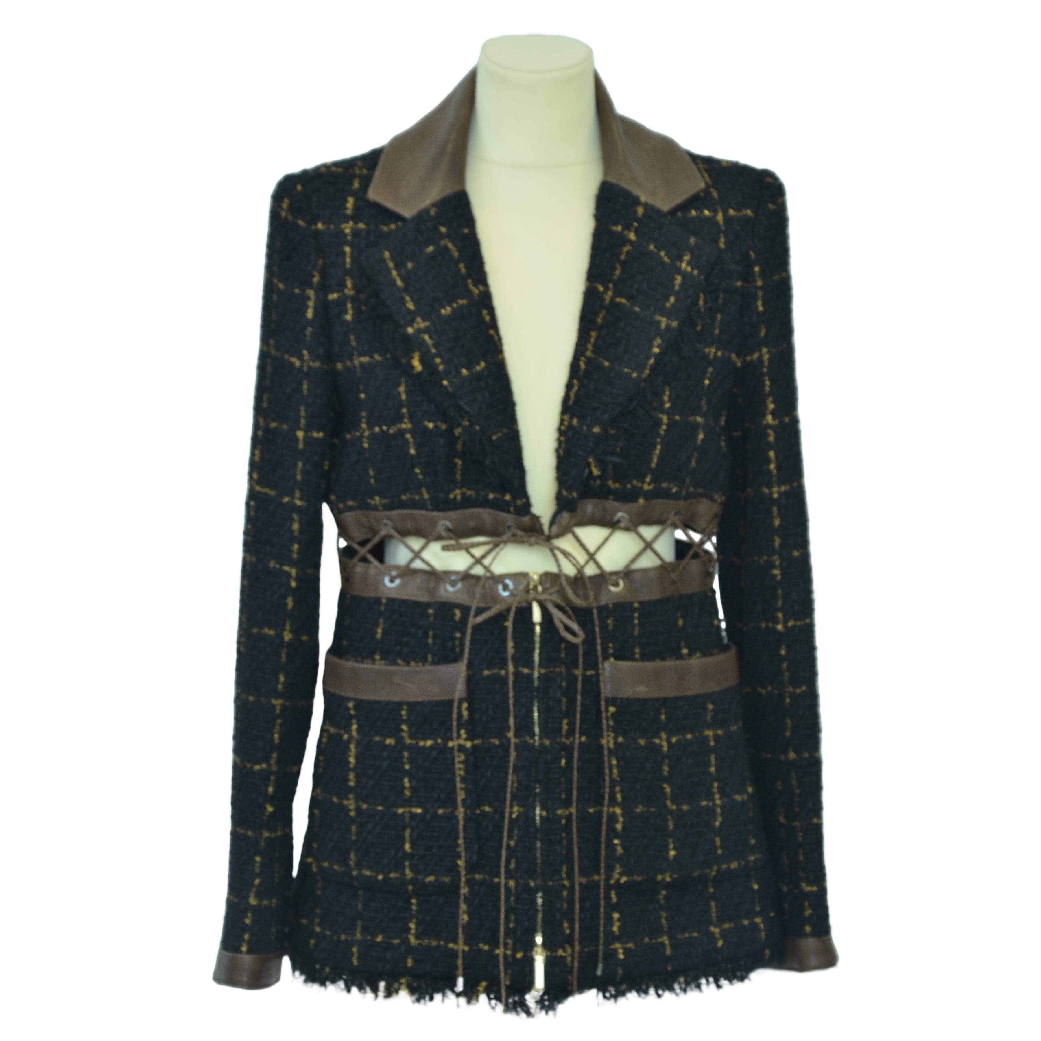 Black/Gold Fantasy Tweed Jacket with Leather Trims