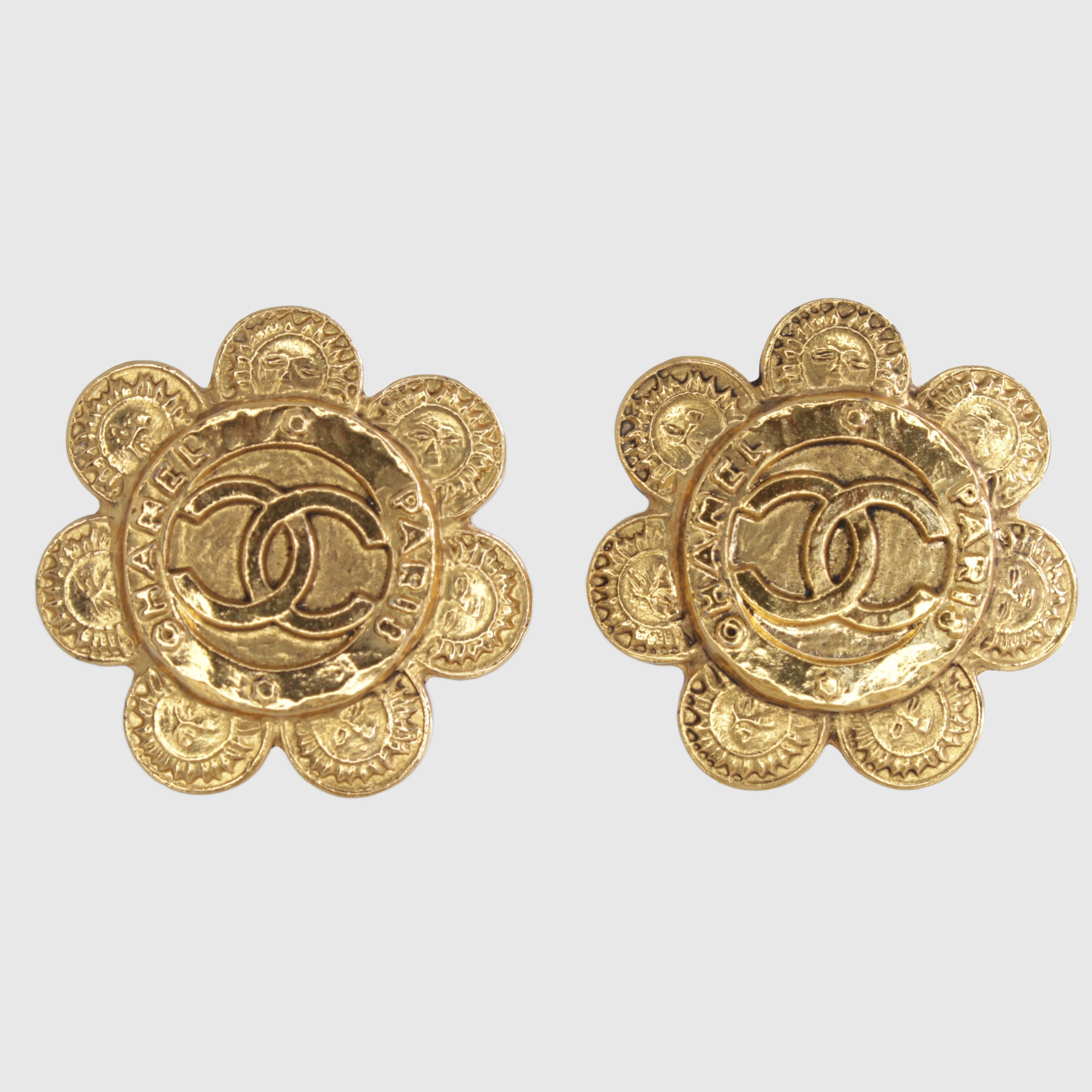 Gold Vintage CC Logo Flower Clip On Earrings