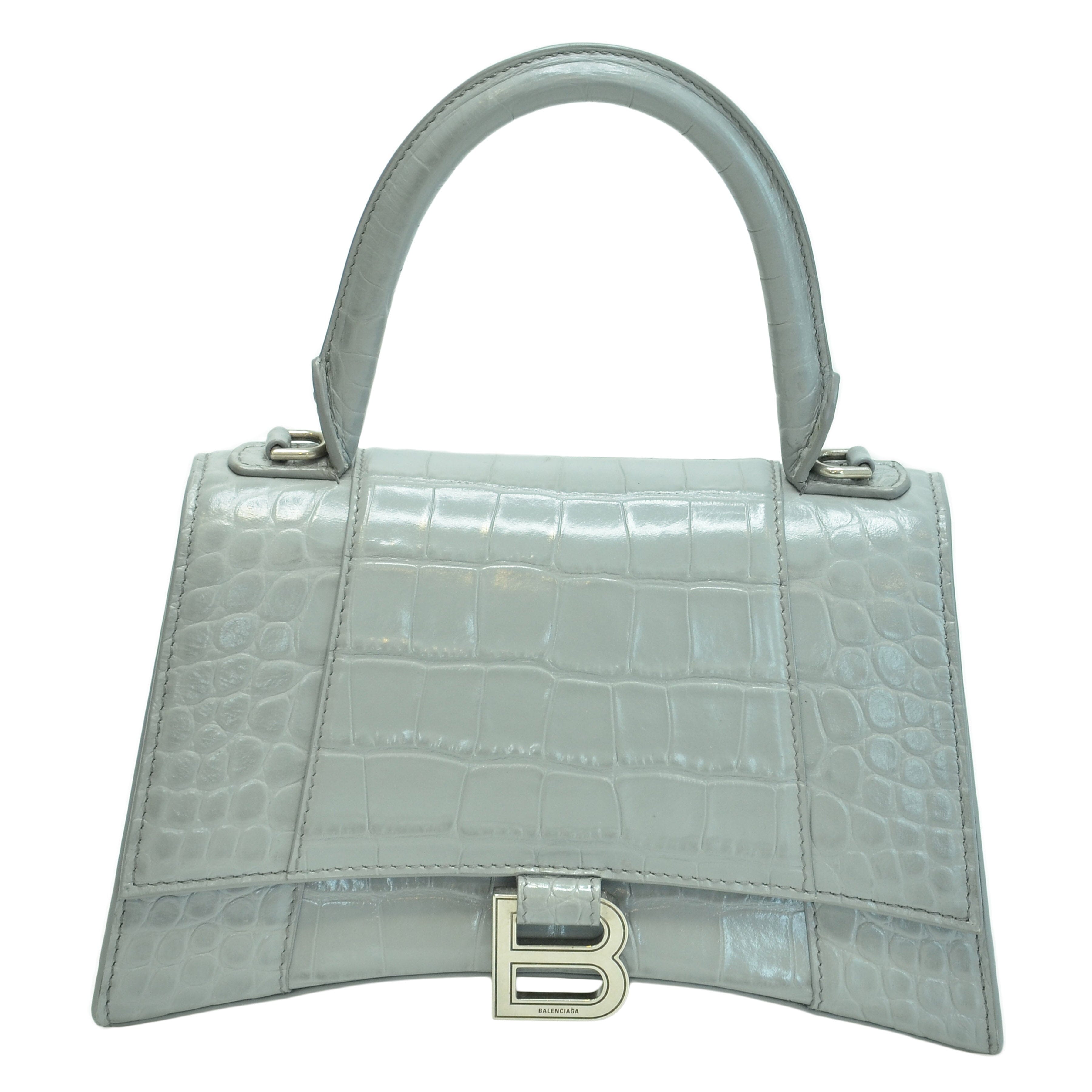 Grey Hourglass XS Croc Embossed Top Handle Bag