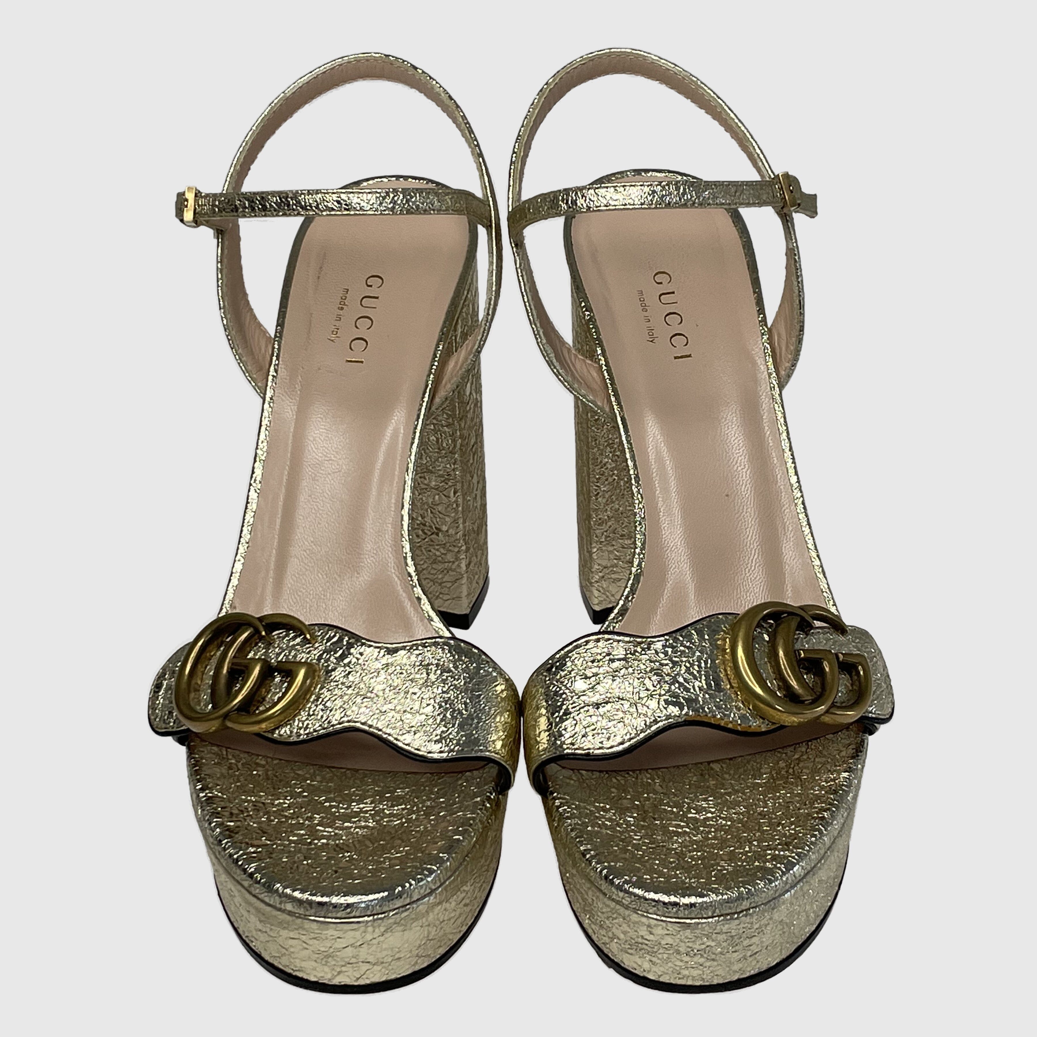 Metallic Gold Mid Heel Ankle Strap Sandals