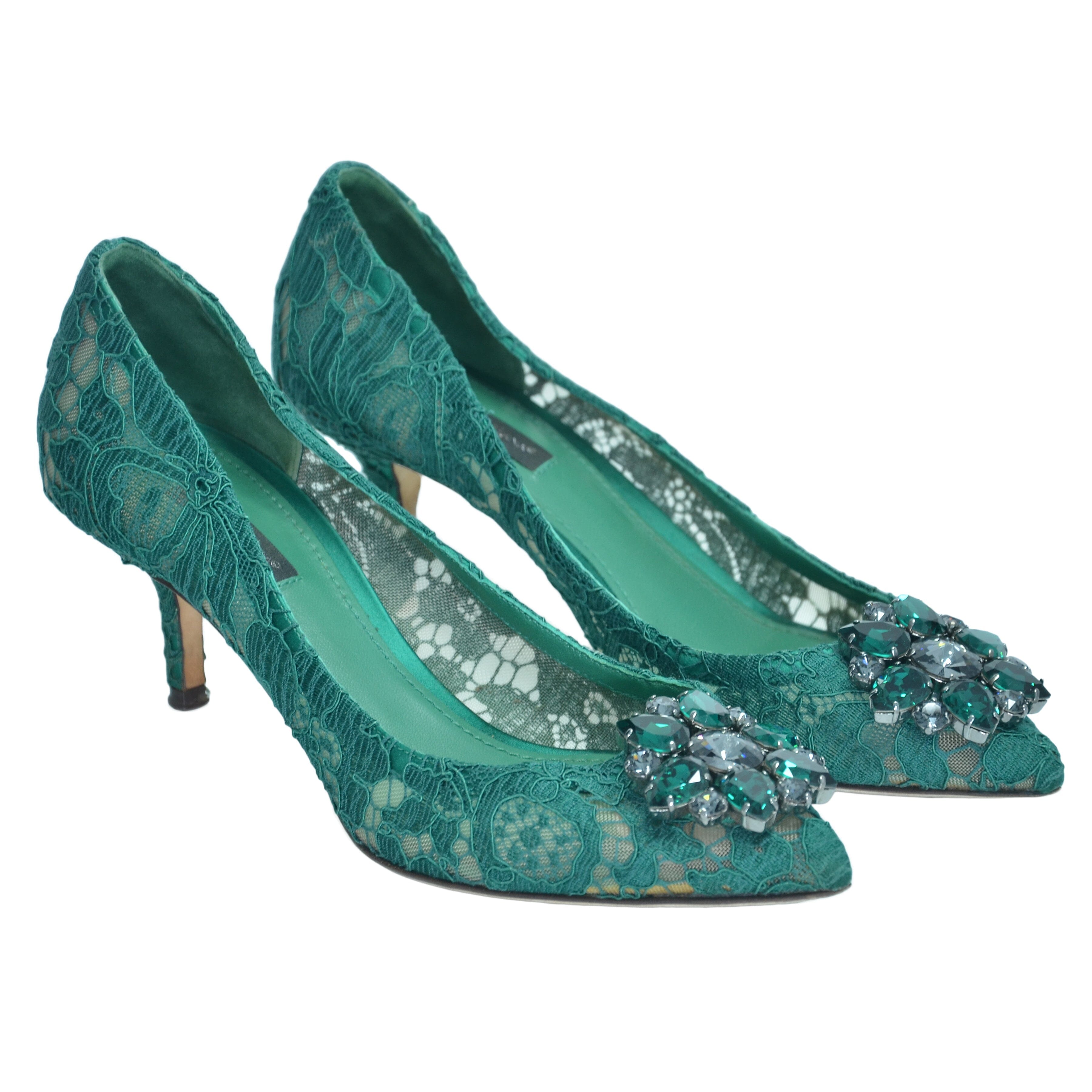 Green Lace Bellucci Crystal Embellished Pumps