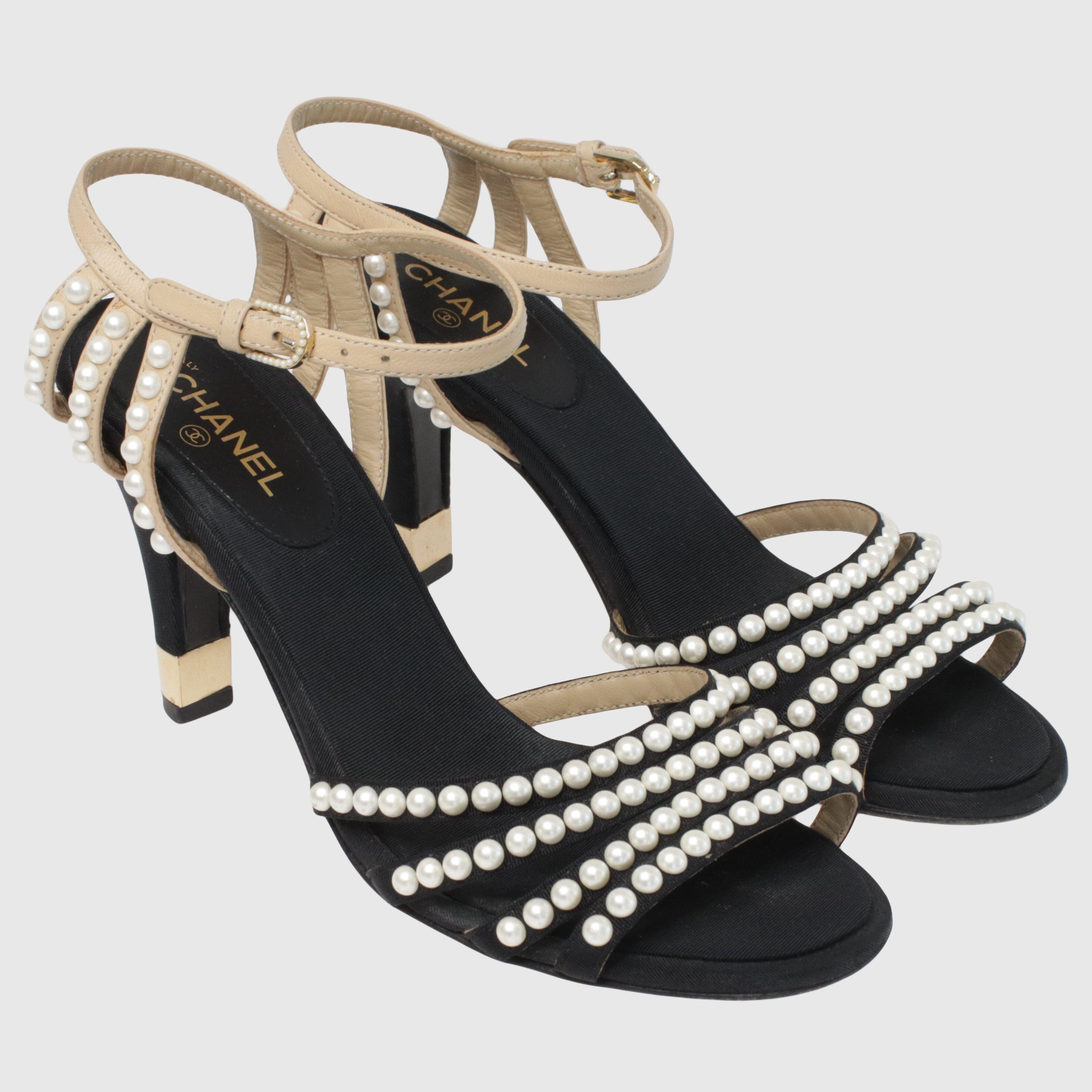 Black /Beige Pearl Embellished Ankle Strap Sandals