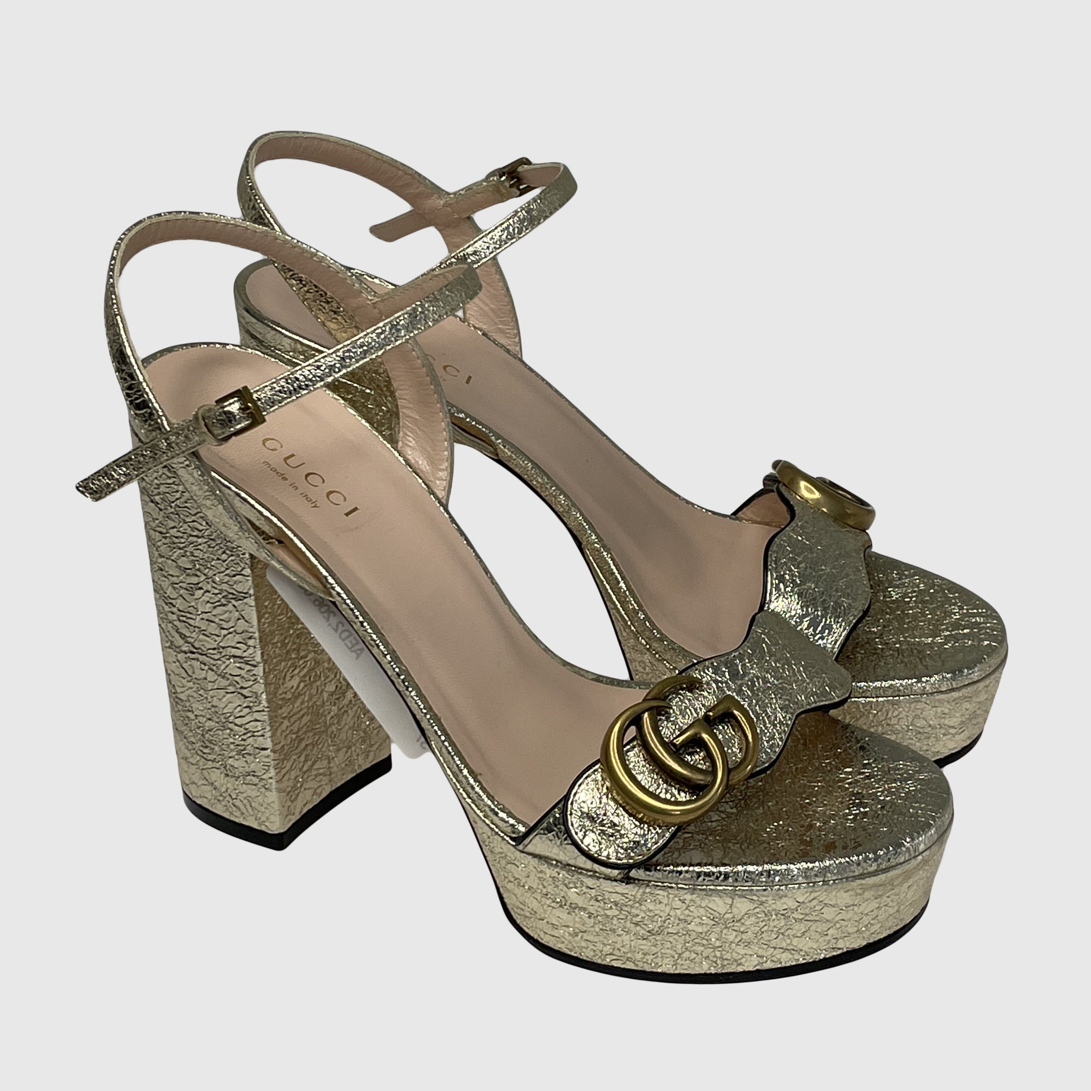 Metallic Gold Mid Heel Ankle Strap Sandals