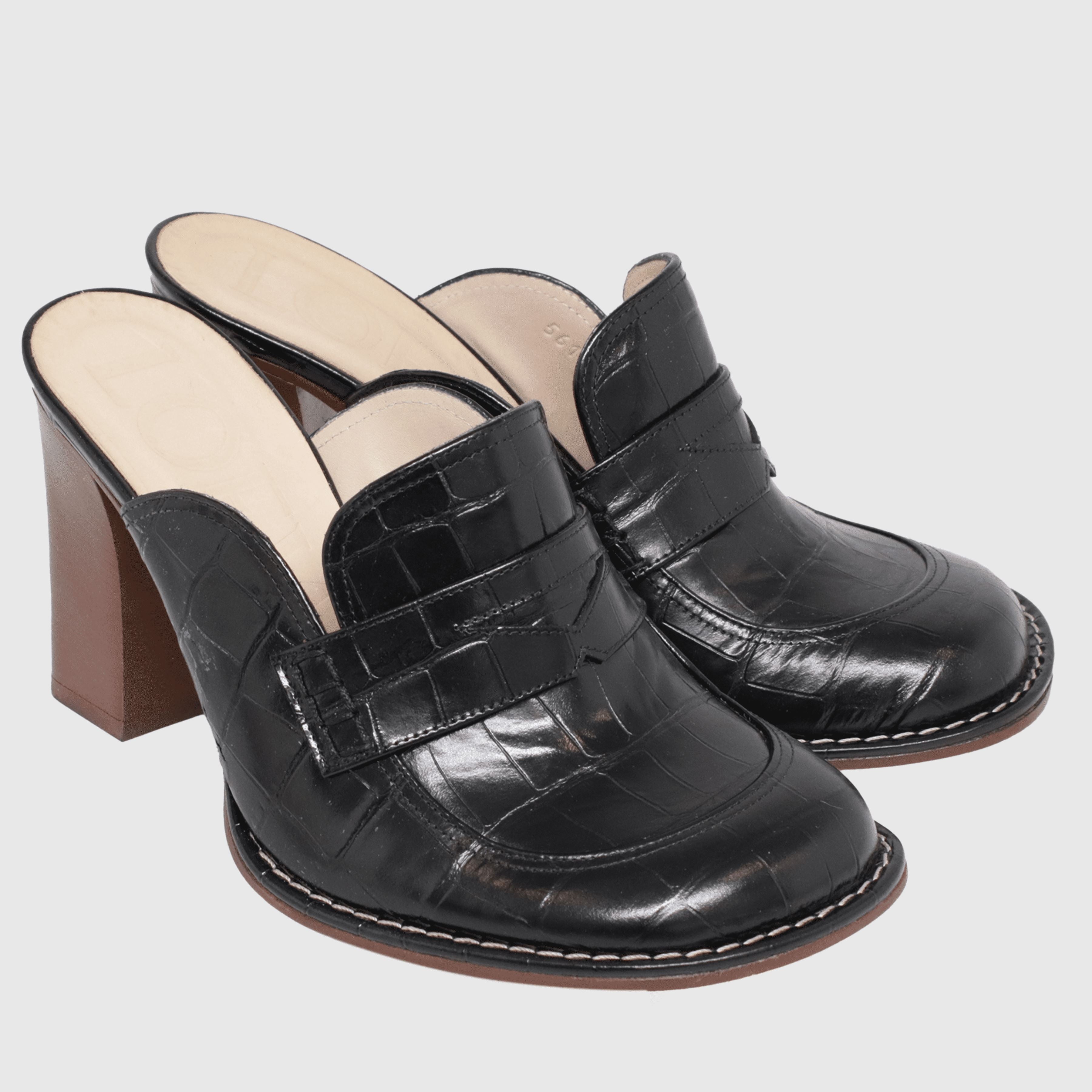 Black Croc Embossed Loafer Mules Shoes Loewe 