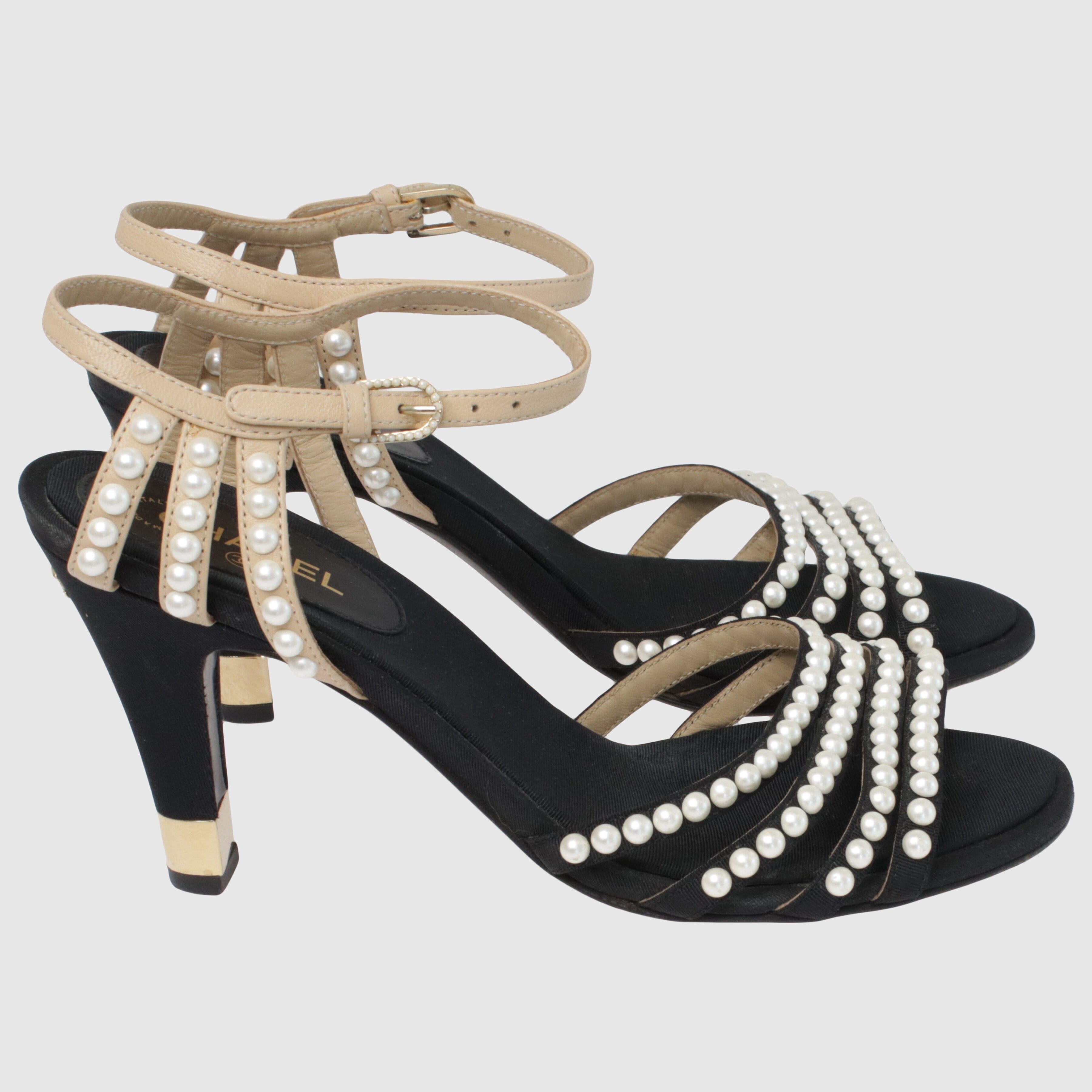 Black /Beige Pearl Embellished Ankle Strap Sandals