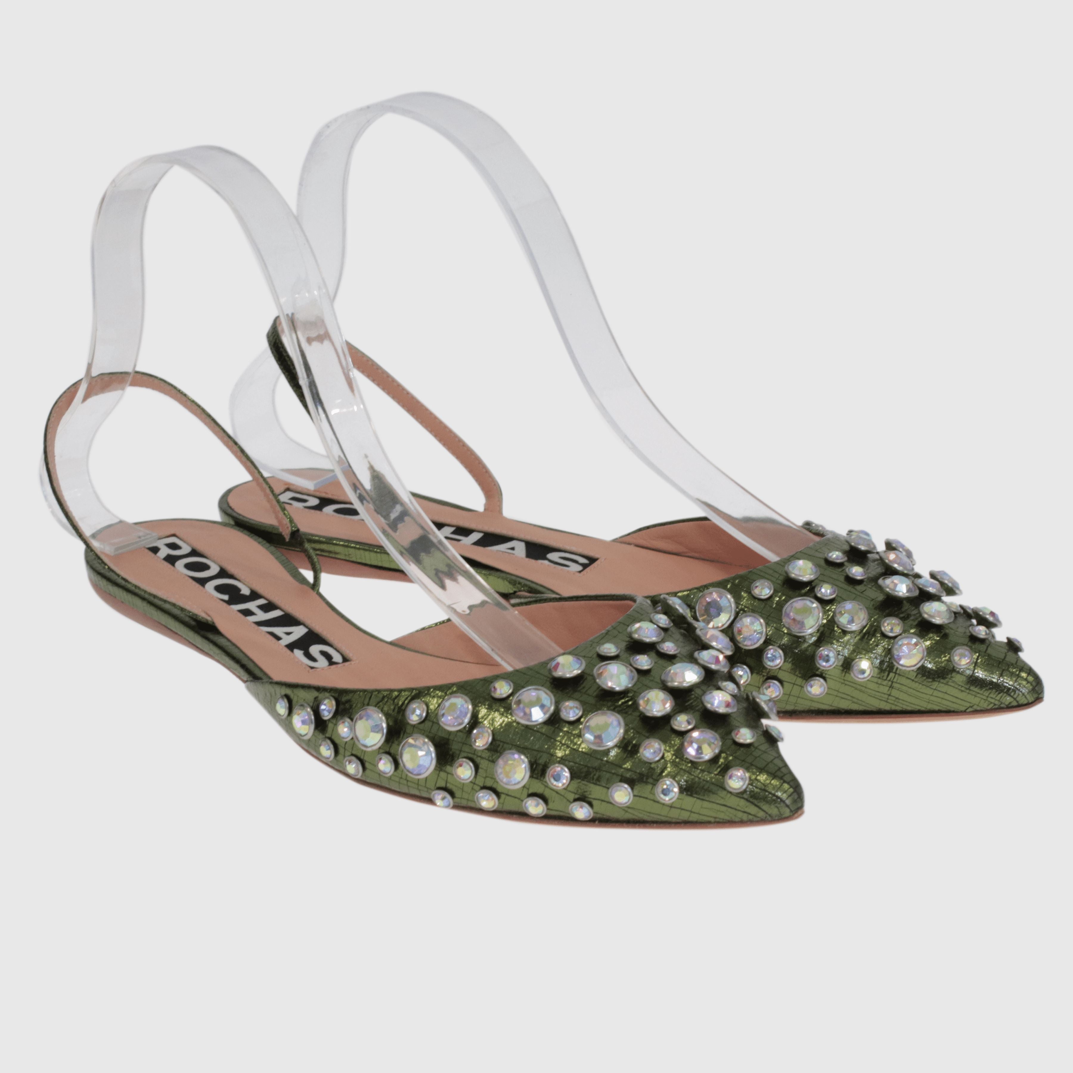 Metallic Green Crystal Embellished Pointed Slingback Flat Sandals Shoes Rochas 