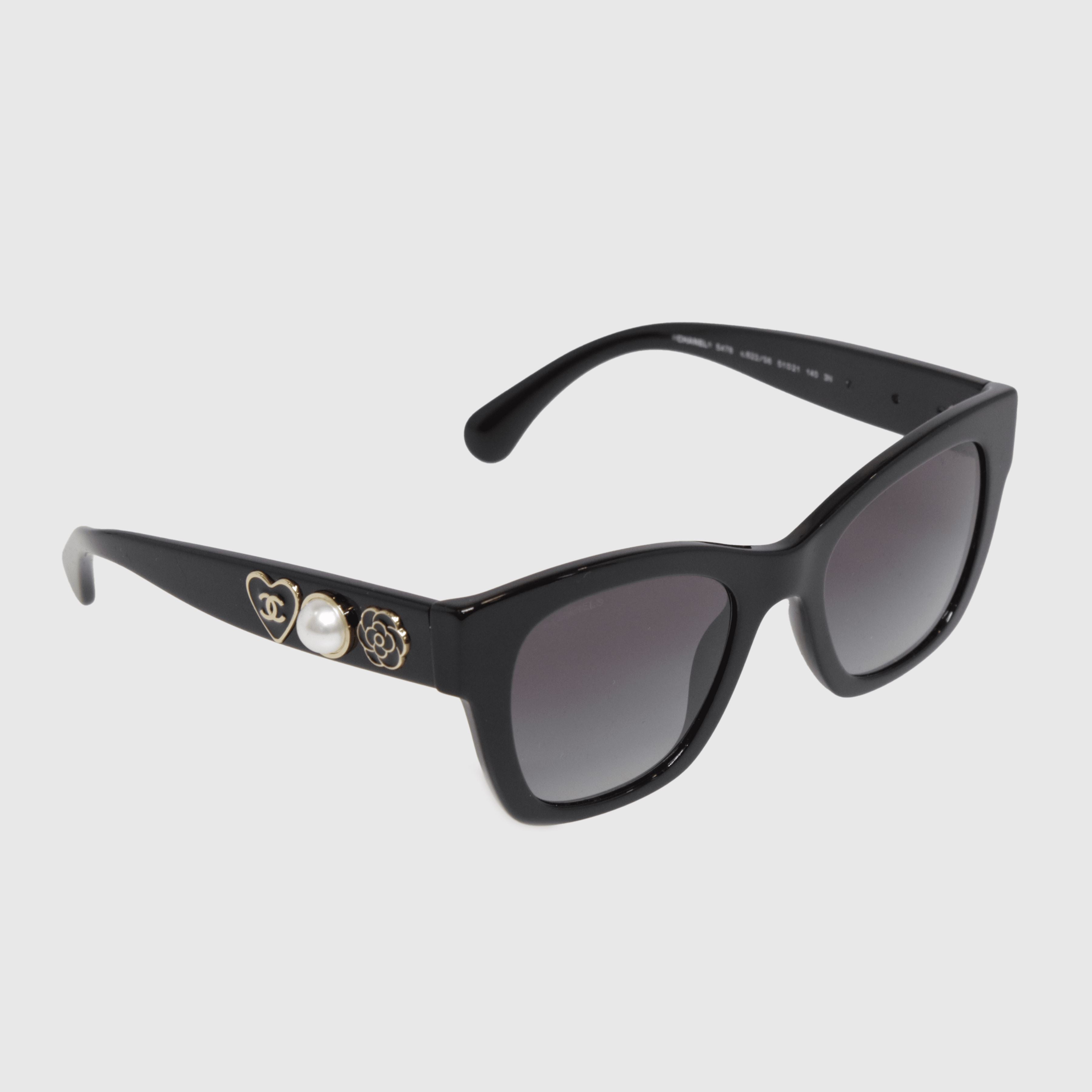 Black CC Camellia Pearl Embellished Cat Eye Sunglasses - 5478 c622/S6