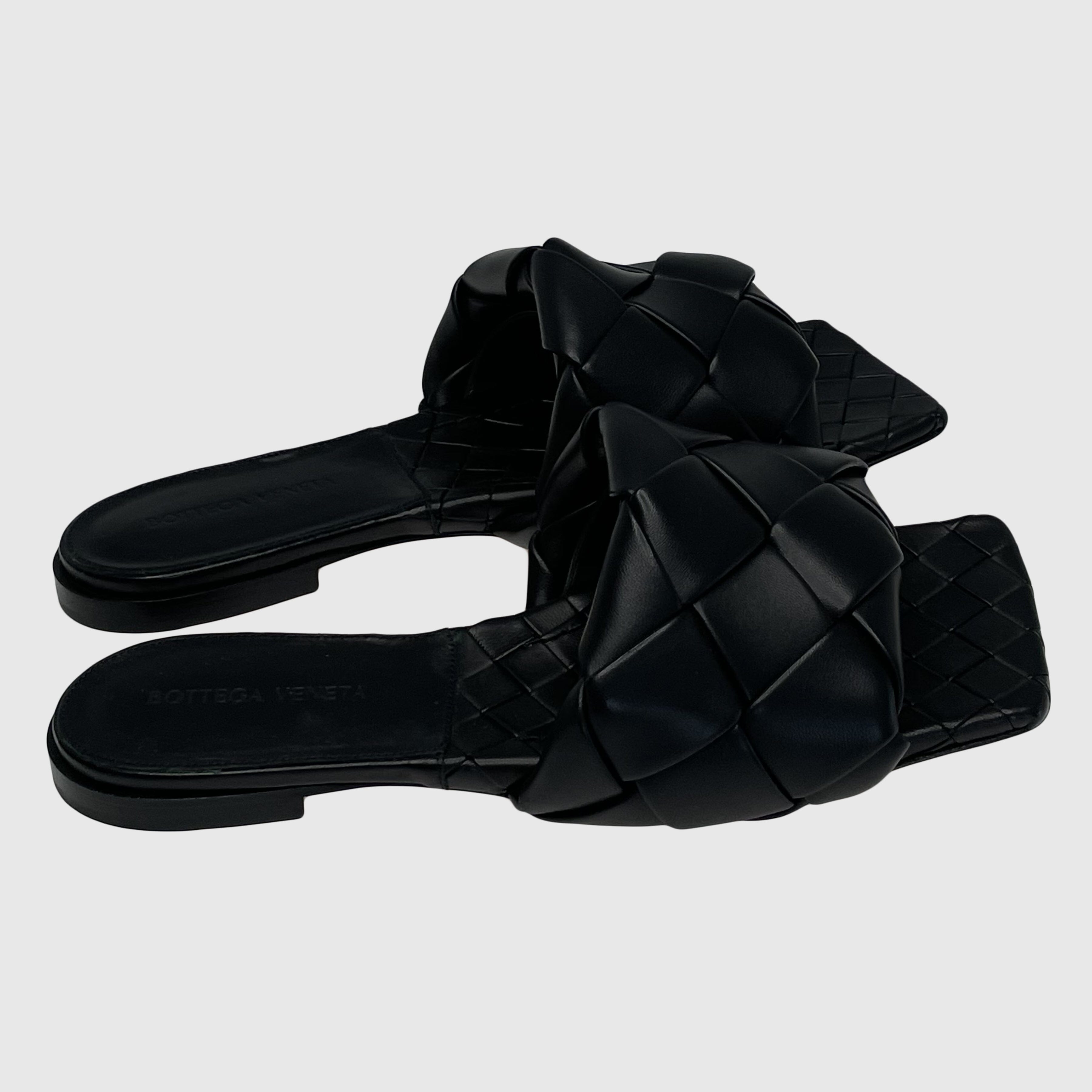 Black Intrecciato Lido Flat Sandal