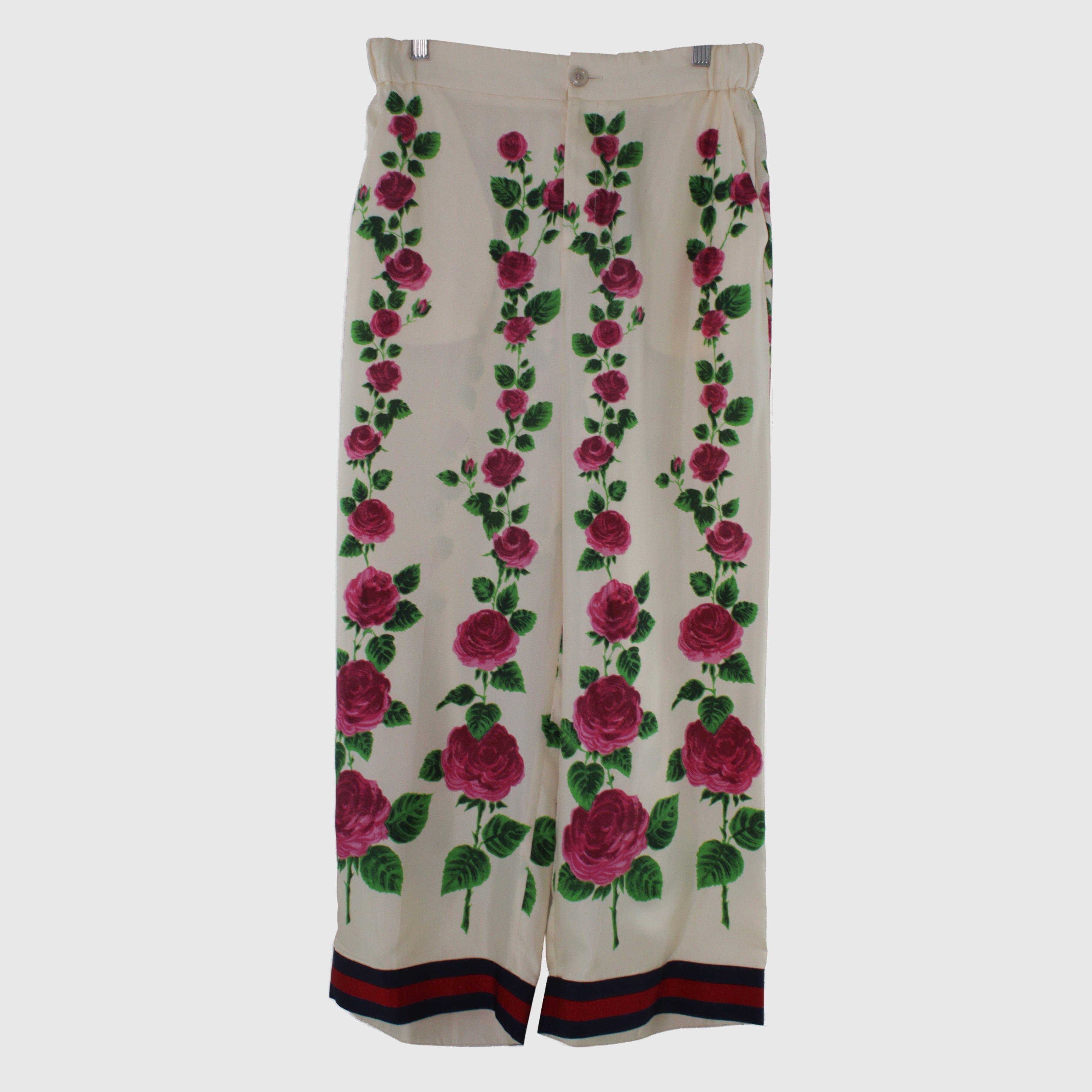 Ivory Floral Print High Waist Web Stripe Trousers