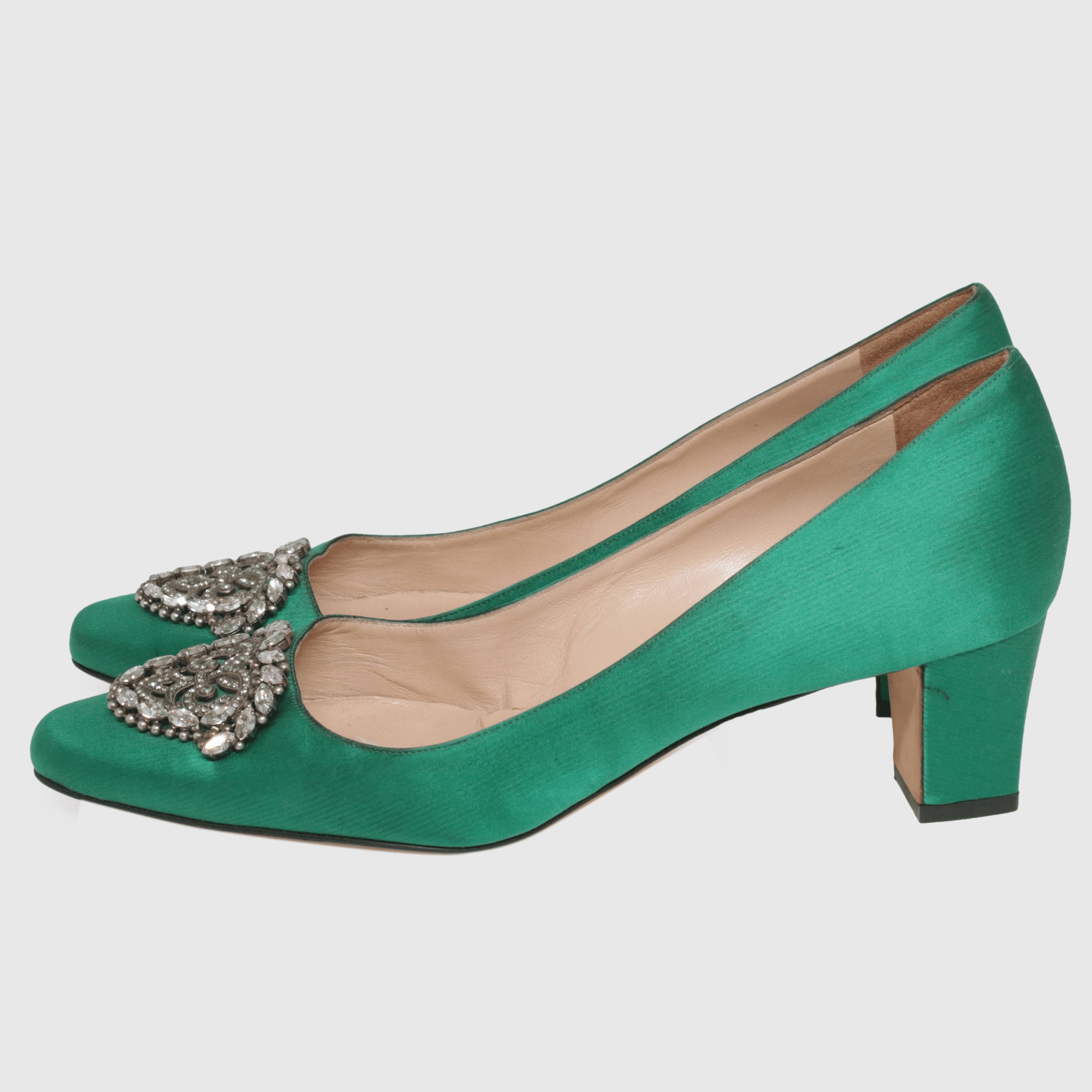 Emerald Green Okkato Crystal Embellished Block Heel Pumps Shoes Manolo Blahnik 