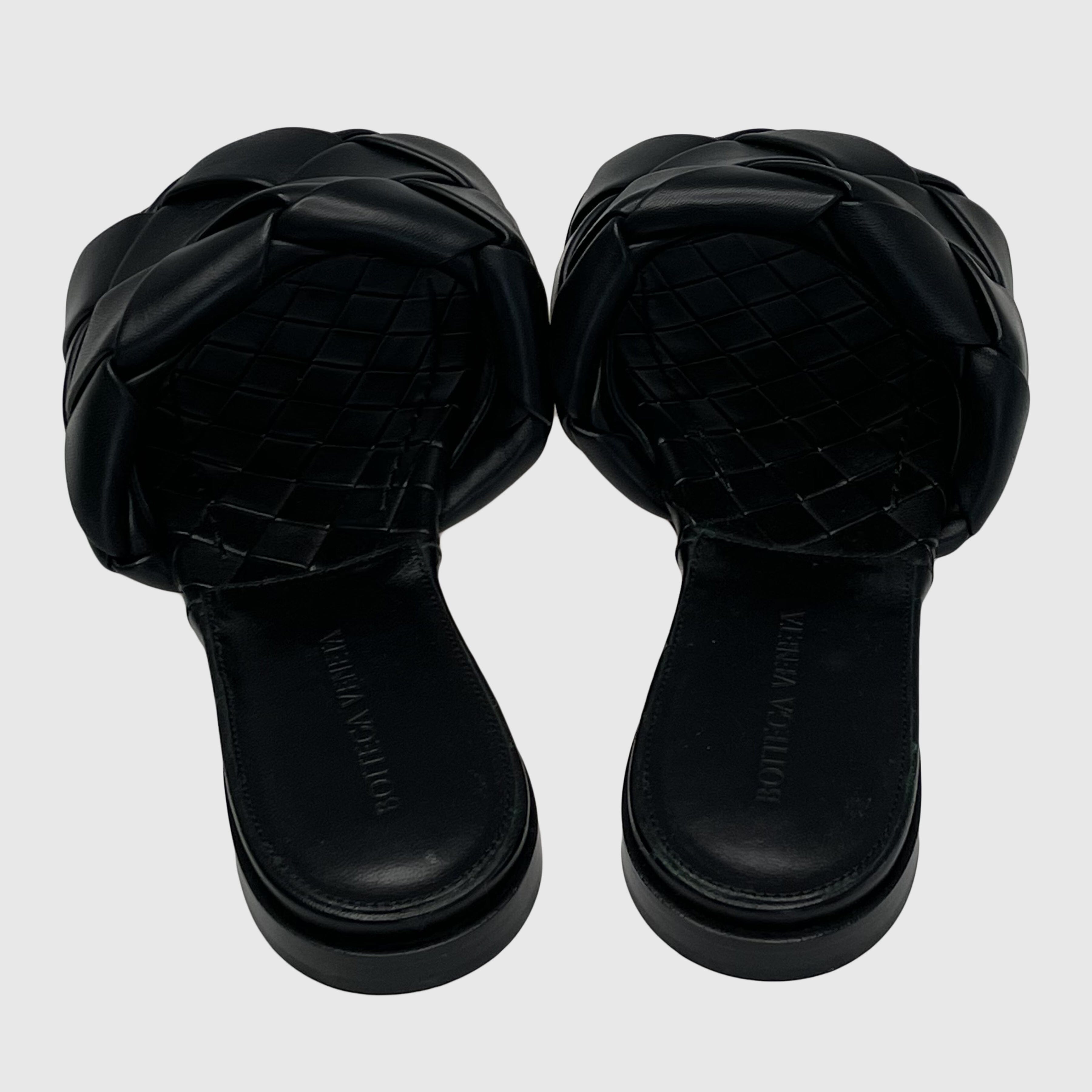 Black Intrecciato Lido Flat Sandal